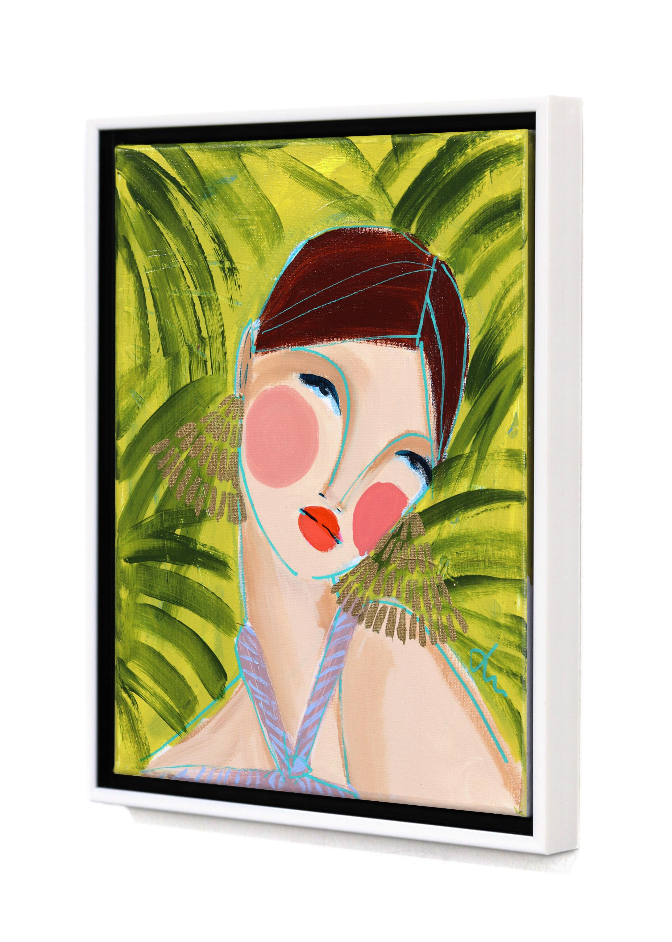 Miss Priss Palms 4 - Buntes abstraktes figuratives Porträt, Originalgemälde (Beige), Figurative Painting, von Lindsey McCord