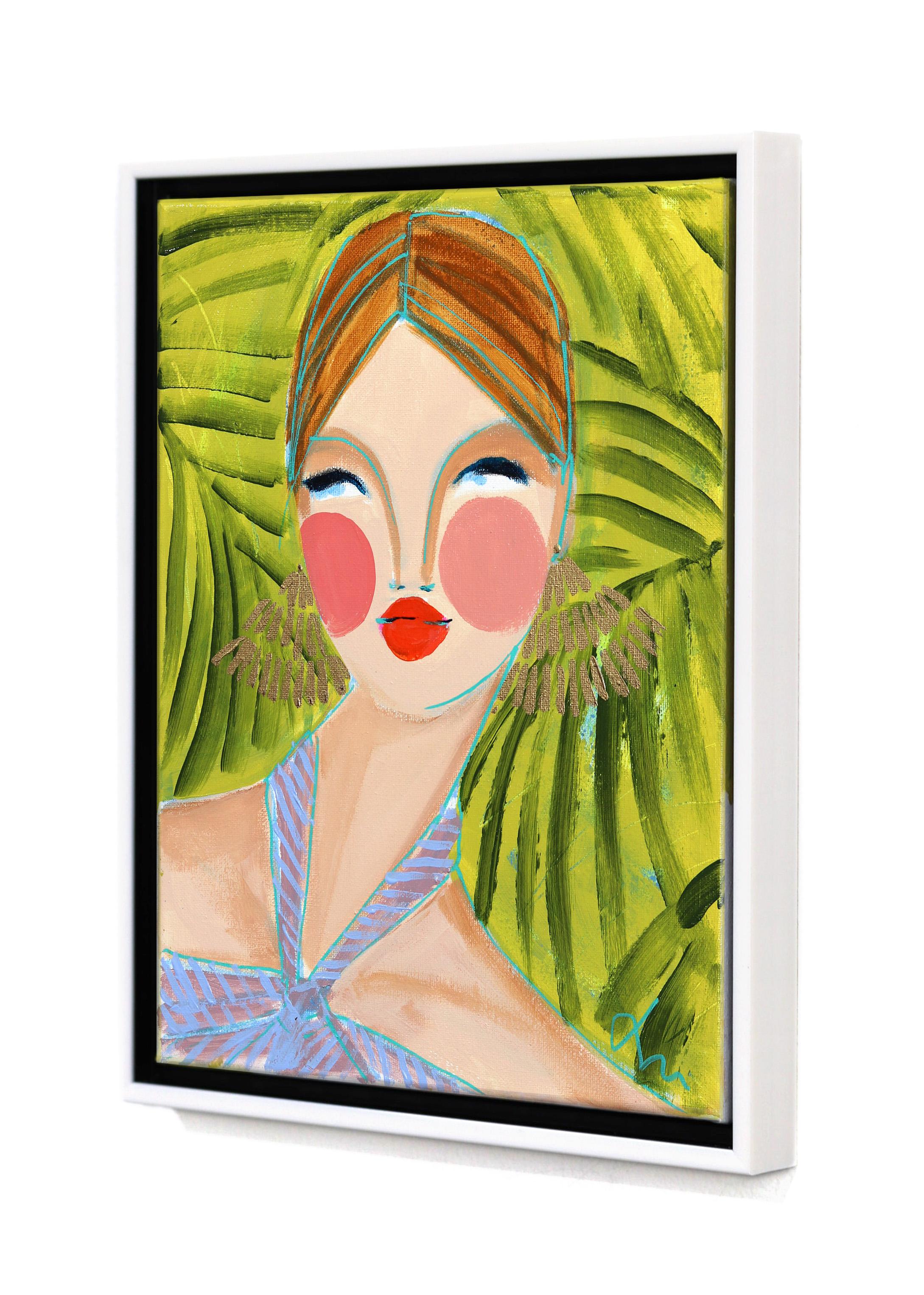 Miss Priss Palms 5 - Buntes abstraktes figuratives Porträt, Originalgemälde (Beige), Figurative Painting, von Lindsey McCord