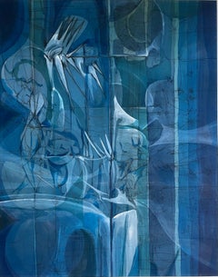 blue, abstract, black, white, acrylic, canvas, painting