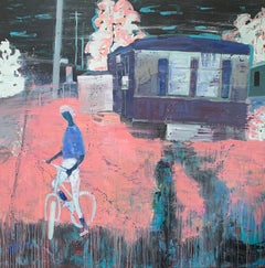 "Girl and Bike," Oil on Acrylic on Canvas - Figurative Painting