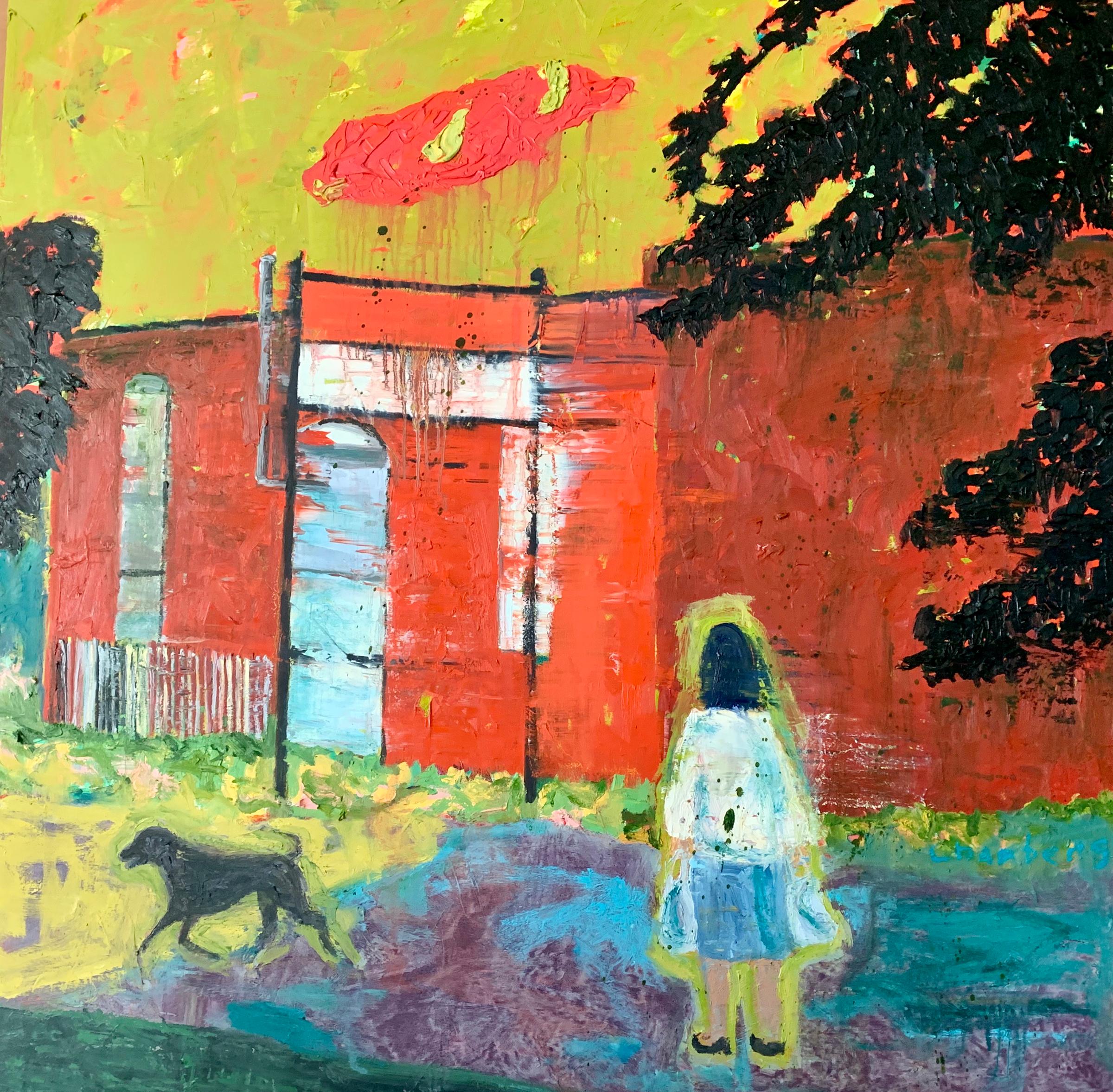 Bold, evocative, and eerie, "Home From Shopping" combines a variety of strong colors with visceral application that serve to emphasize this turbulent composition. 

Chambers transforms the pastoral into the extraordinary. Long before she puts paint