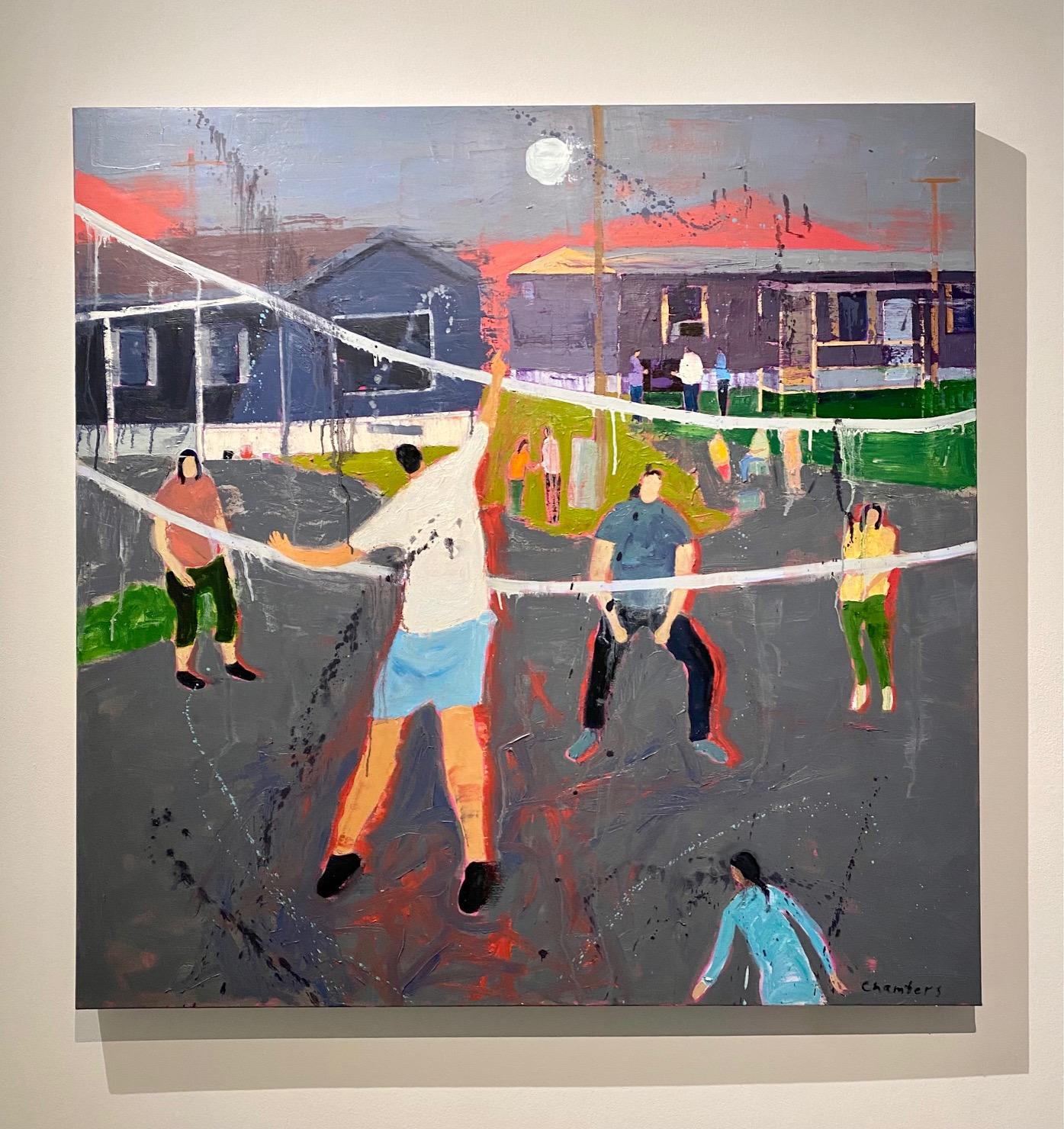 „Street Volley“, Öl und Acryl auf Leinwand – figürliches Gemälde – Painting von Lindy Chambers