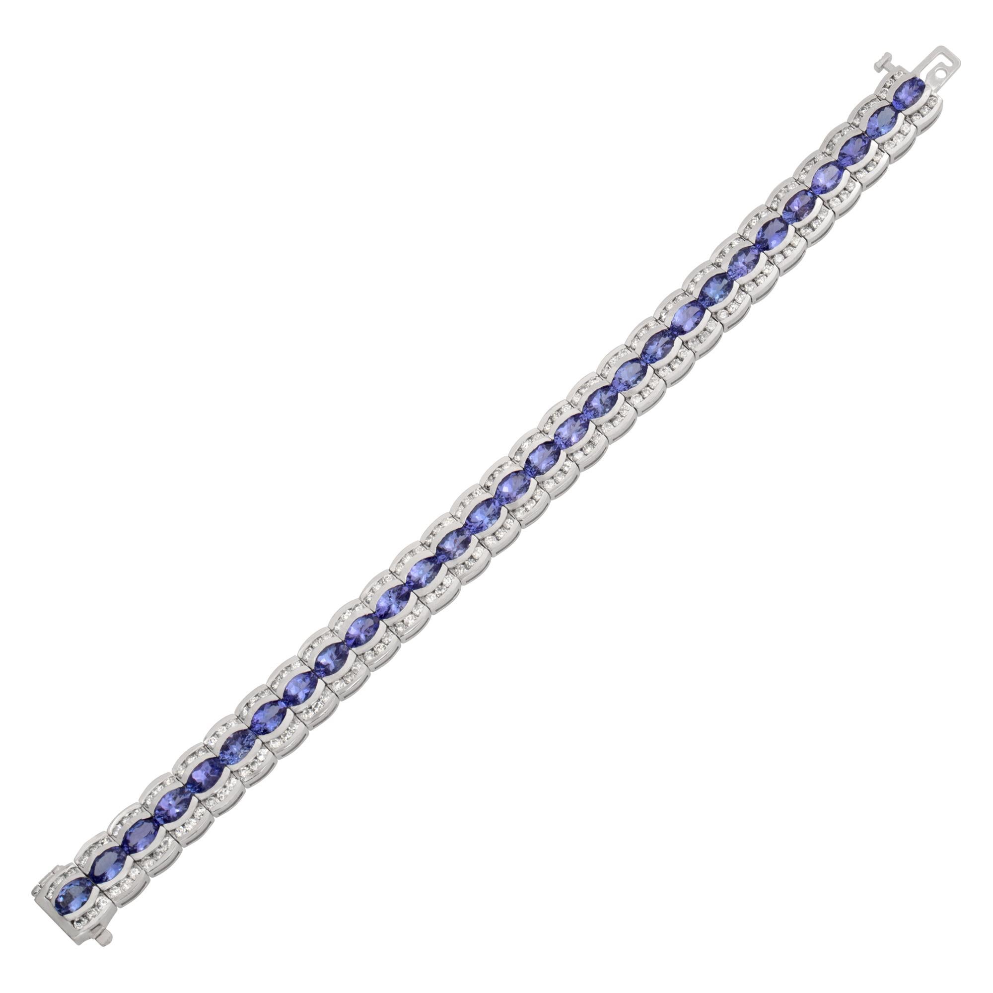 Modern Line Bracelet in 14k White Gold with Tanzanites and Diamonds For Sale