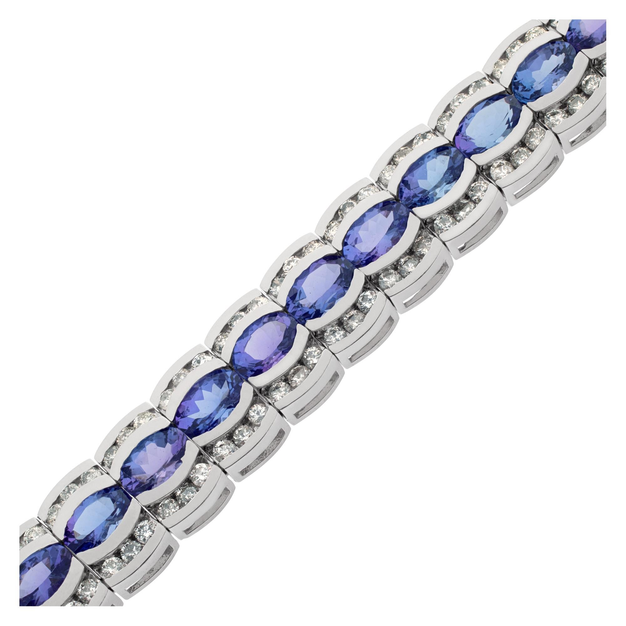 Women's or Men's Line Bracelet in 14k White Gold with Tanzanites and Diamonds For Sale
