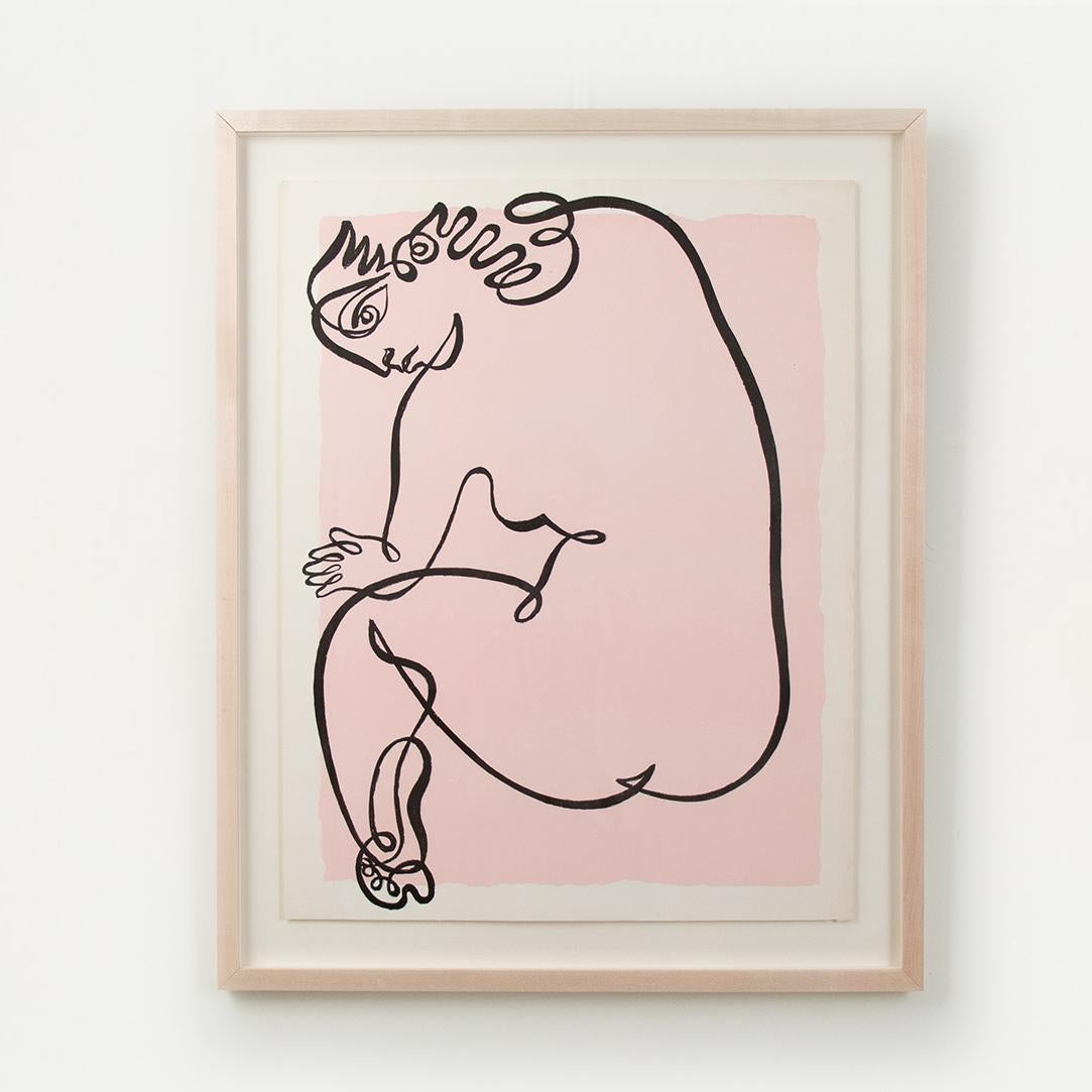Beautiful continuous black line drawing of a woman by Jean Negulesco. Vintage color serigraph print with pink background and blind stamp in corner. New custom maple frame with UV plexi.