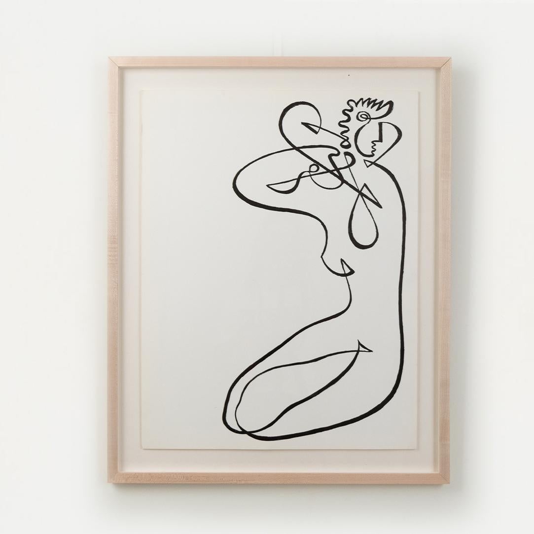 Bellissimo disegno a linee nere continue di una donna di Jean Negulesco. Stampa serigrafica a colori d'epoca con timbro a secco nell'angolo. Nuovo telaio in acero personalizzato con plexi UV.