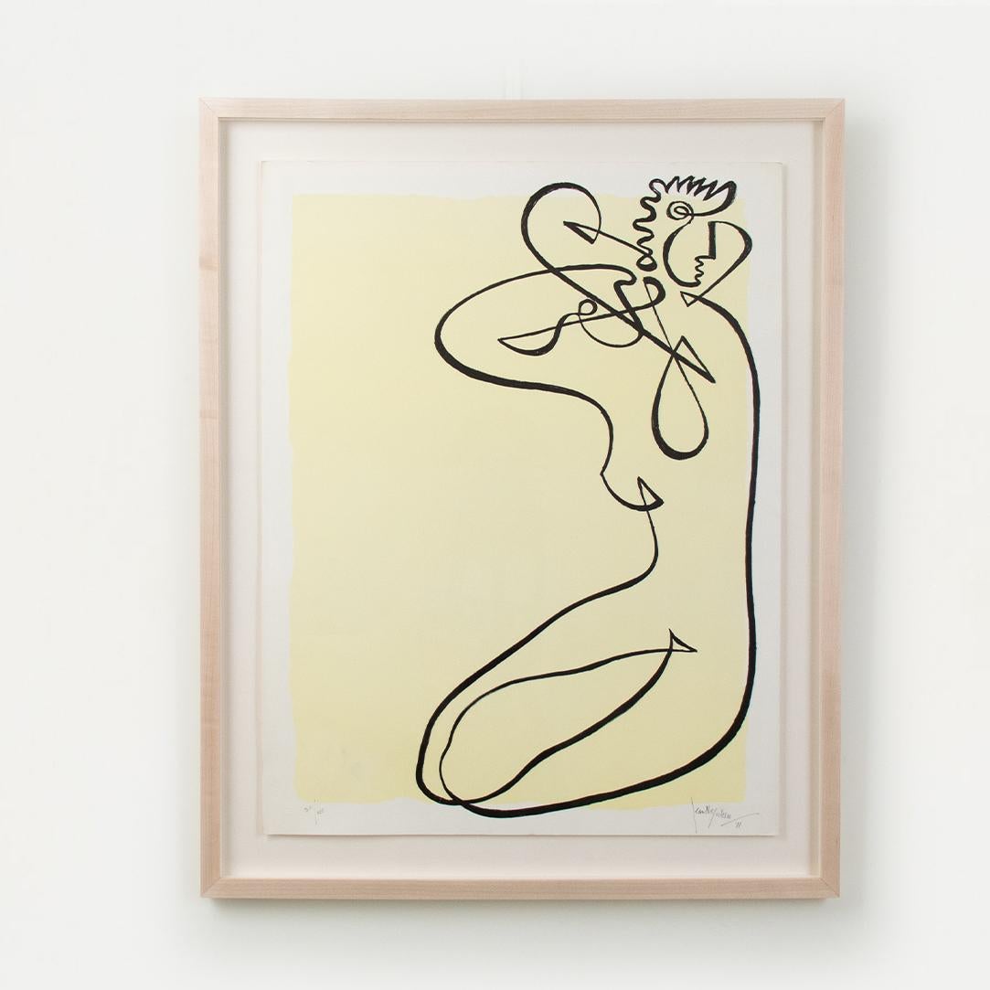 Beautiful continuous black line drawing of a woman by Jean Negulesco. Vintage color serigraph print with muted yellow background and blind stamp in corner. Signed and numbered. New custom maple frame with UV plexi.