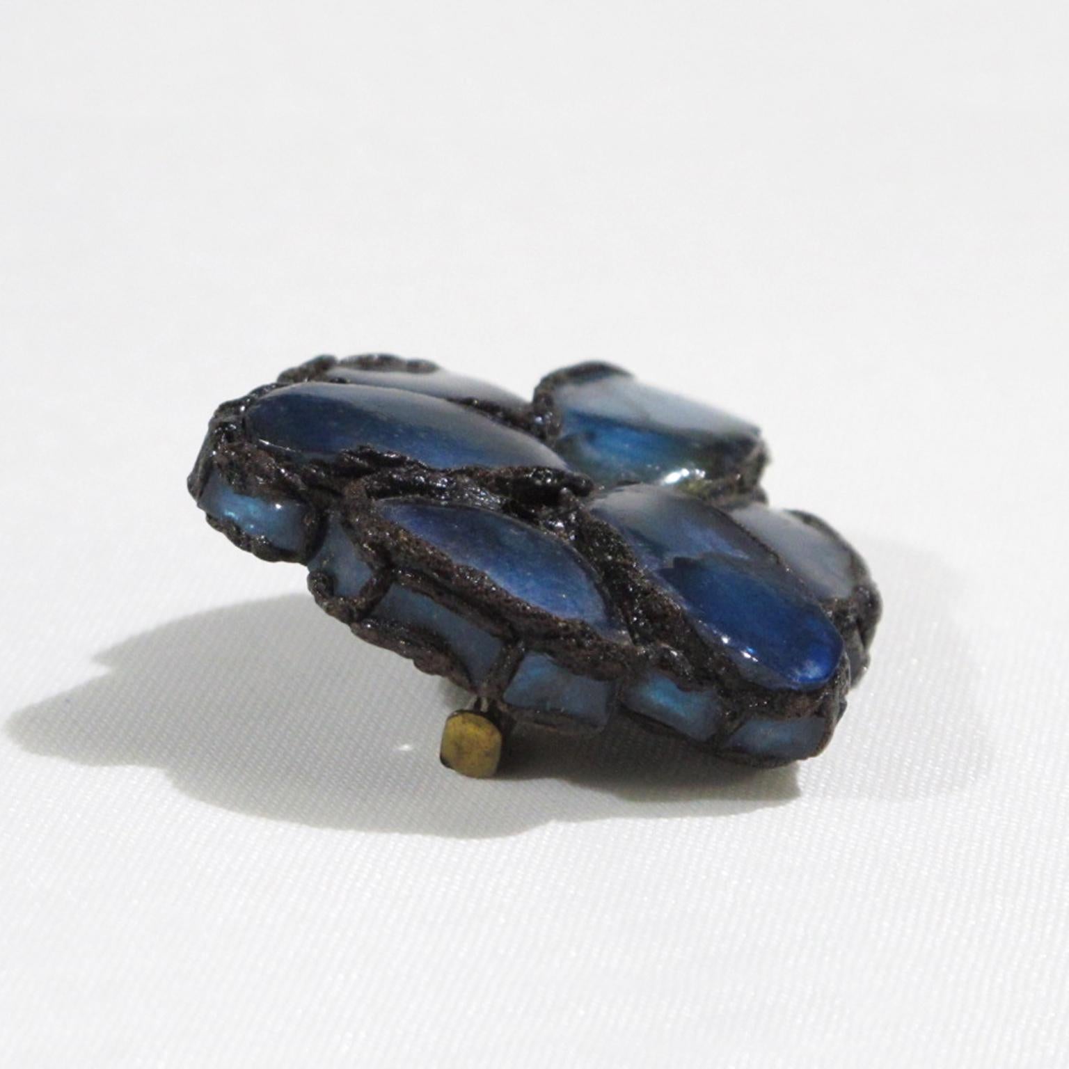 Line Vautrin Blue Mirrors and Black Talosel Brooch Pin For Sale 2