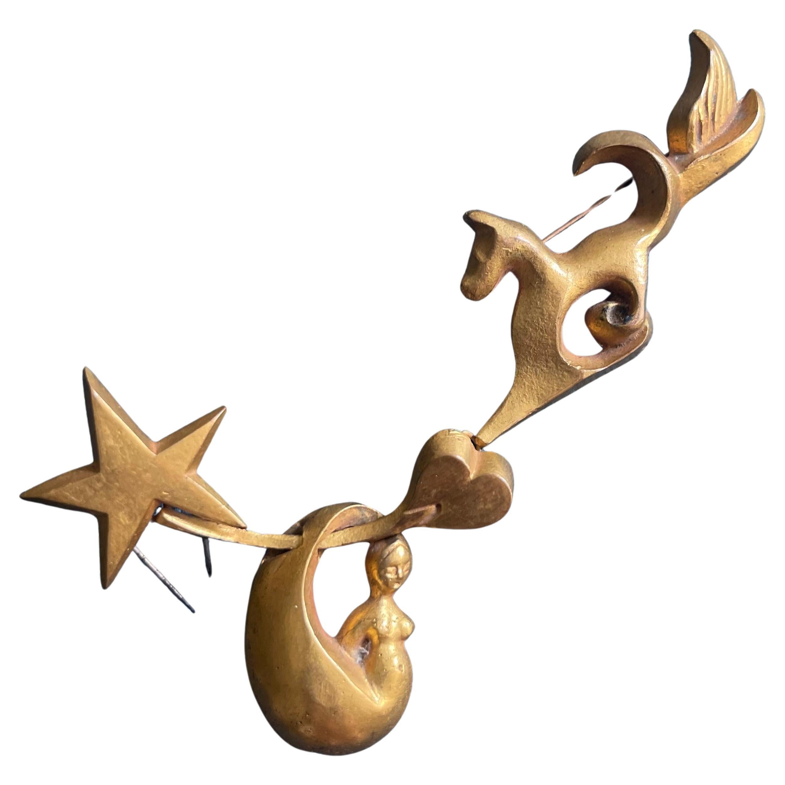 Line Vautrin Gilt Bronze Moon Star Cosmology 2-part Brooch
