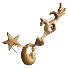 Line Vautrin Bronze doré Broche en deux parties : Lune Étoile Cosmologie