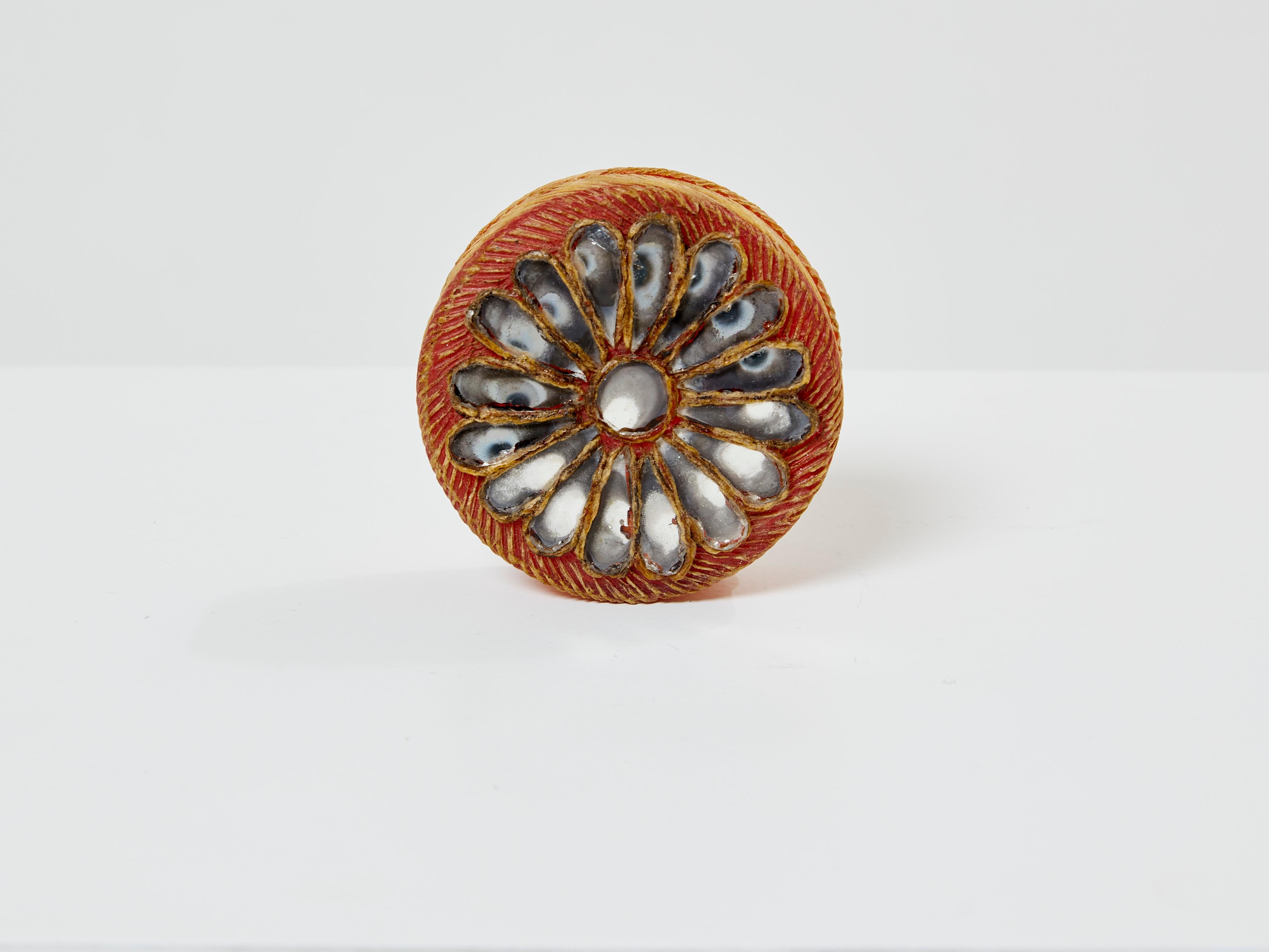 Line Vautrin orange talosel marguerite mirror round box 1960 In Good Condition In Paris, IDF
