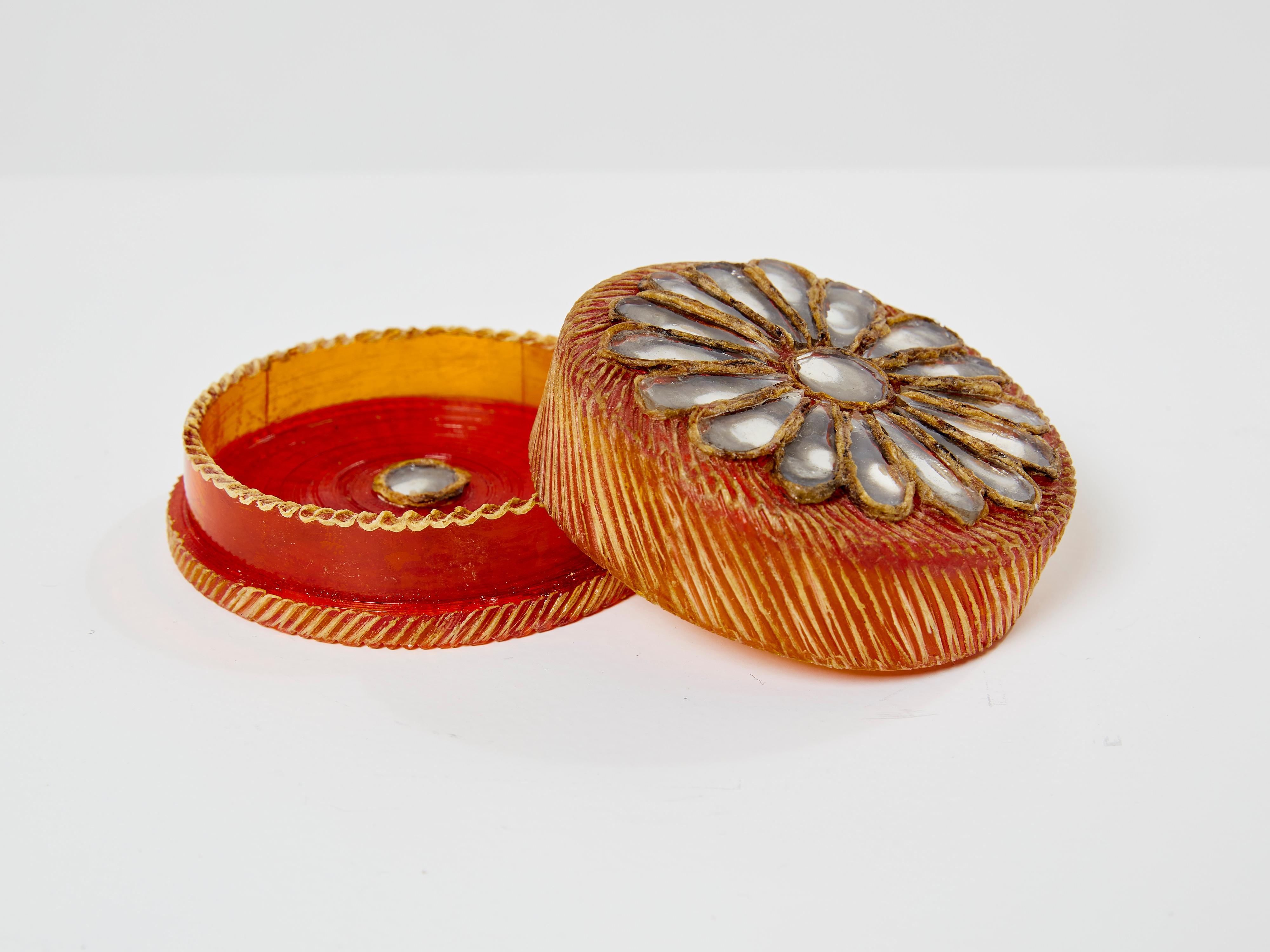 Glass Line Vautrin orange talosel marguerite mirror round box 1960