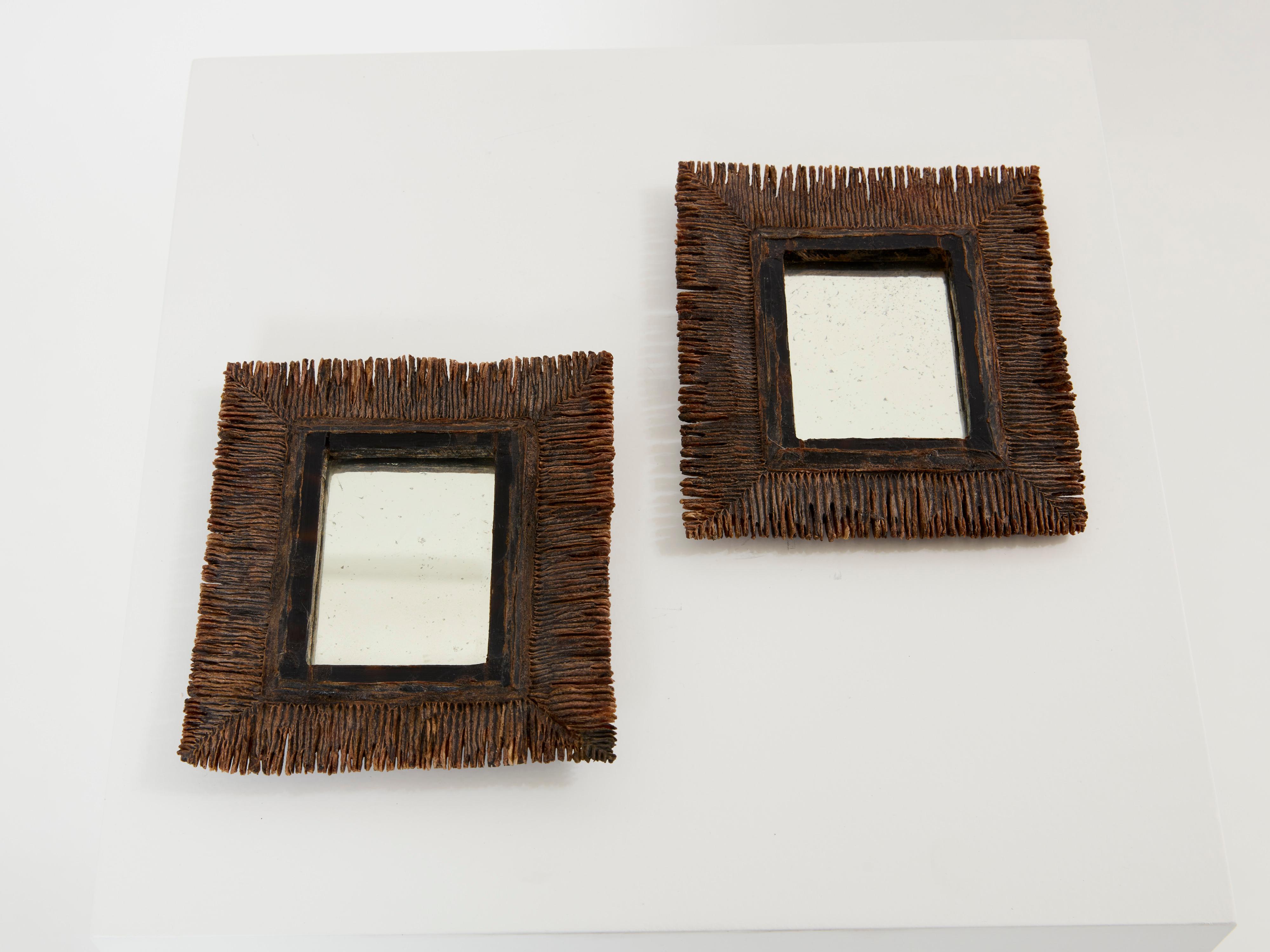 Rare set of two “déchiquetée” talosel resin mirrors made by Line Vautrin in the mid-1960s. They are both untouched, with their original mirrors. The talosel resin has been patinated in rich shades of brown. They both measure Width 4.53 inches x