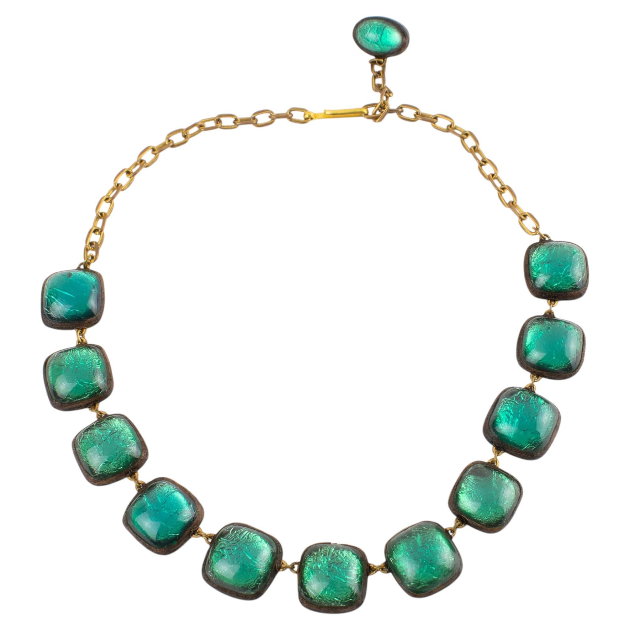Line Vautrin School Gilded Chain Necklace with Emerald Green Talosel Cabochons For Sale