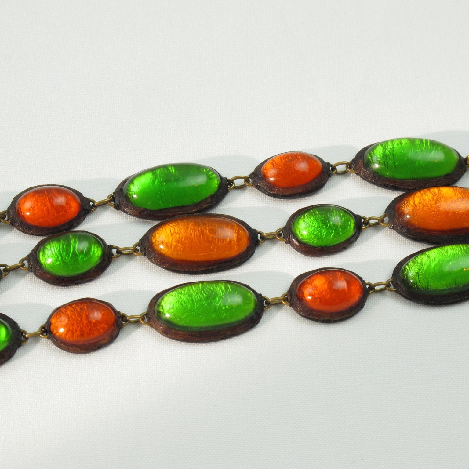 Women's or Men's Line Vautrin School Green and Orange Talosel Resin Link Bracelet For Sale