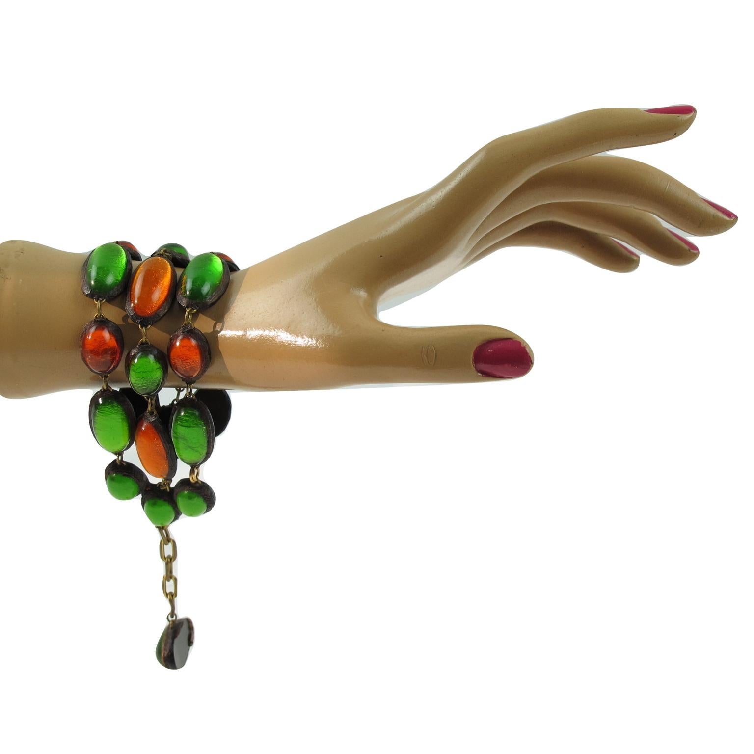 Line Vautrin School Green and Orange Talosel Resin Link Bracelet For Sale 2