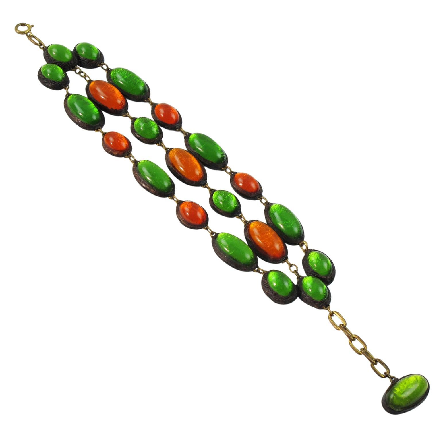Line Vautrin School Green and Orange Talosel Resin Link Bracelet For Sale