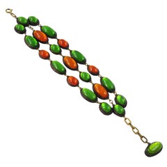 Line Vautrin School - Bracelet à maillons en résine vert et orange à pompon