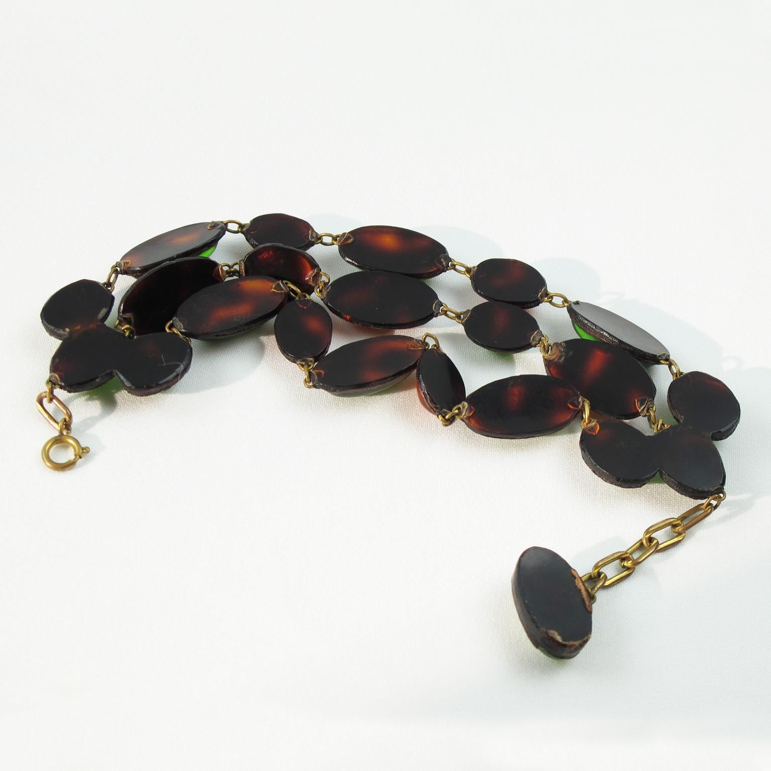 Line Vautrin School Talosel Link Bracelet with Orange and Green Resin Cabochons In Excellent Condition For Sale In Atlanta, GA