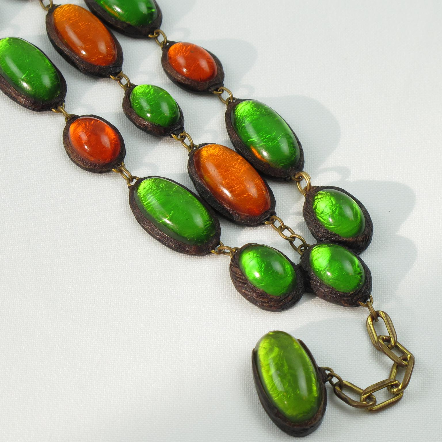 Women's or Men's Line Vautrin School Talosel Link Bracelet with Orange and Green Resin Cabochons For Sale