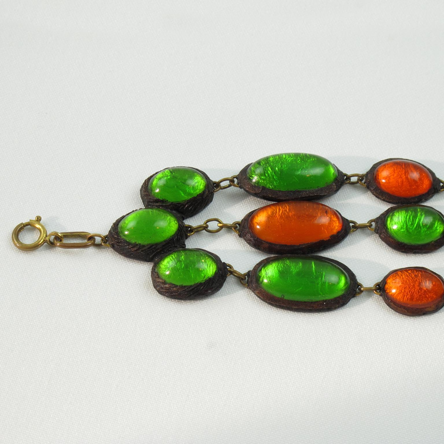 Line Vautrin School Talosel Link Bracelet with Orange and Green Resin Cabochons For Sale 2