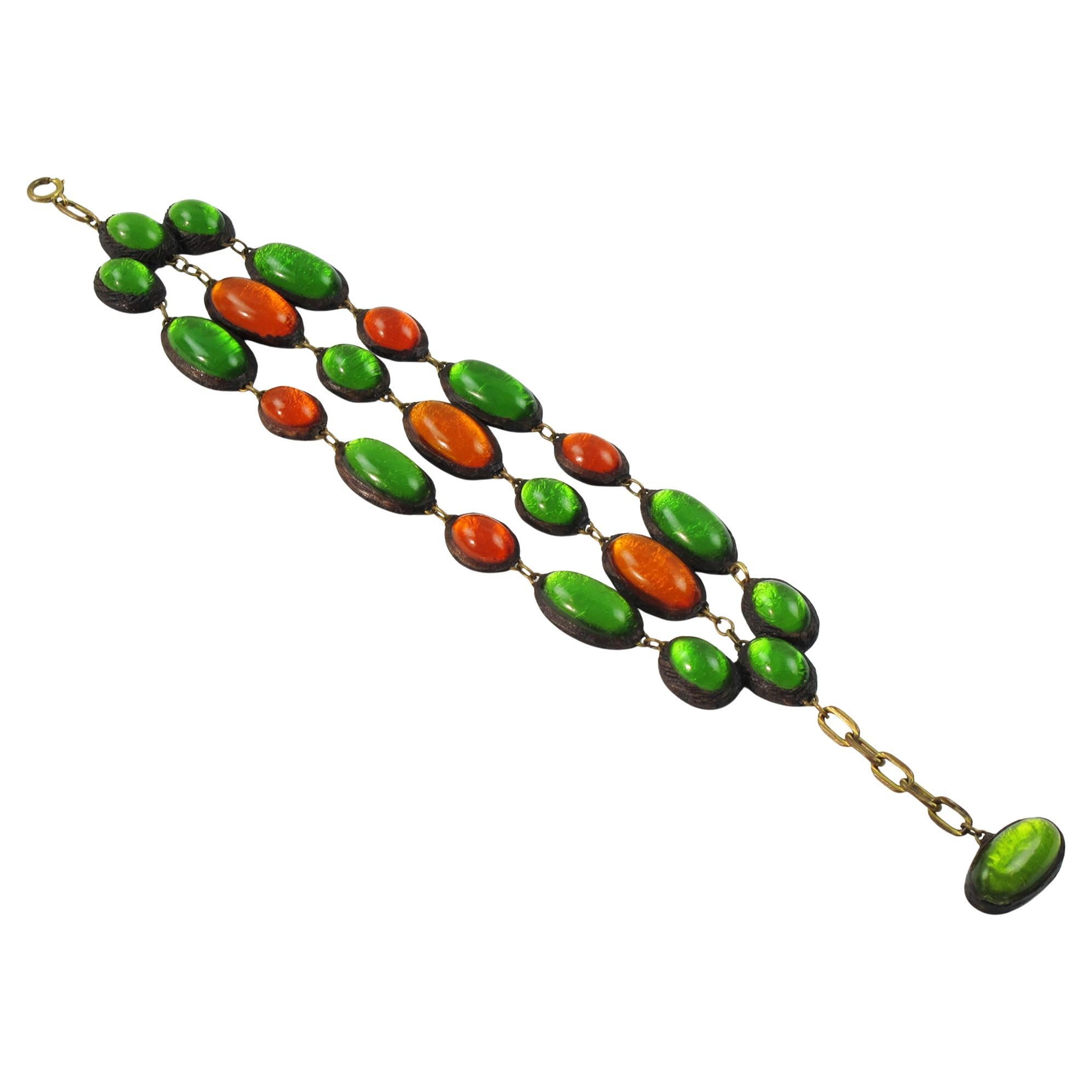Line Vautrin School Talosel Link Bracelet with Orange and Green Resin Cabochons For Sale