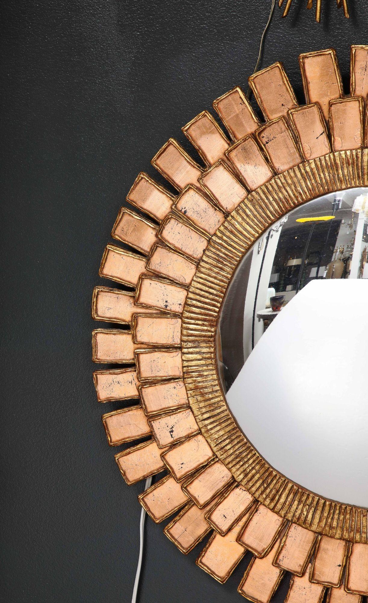 French Line Vautrin Style Resin and Wood Sunburst Mirror For Sale