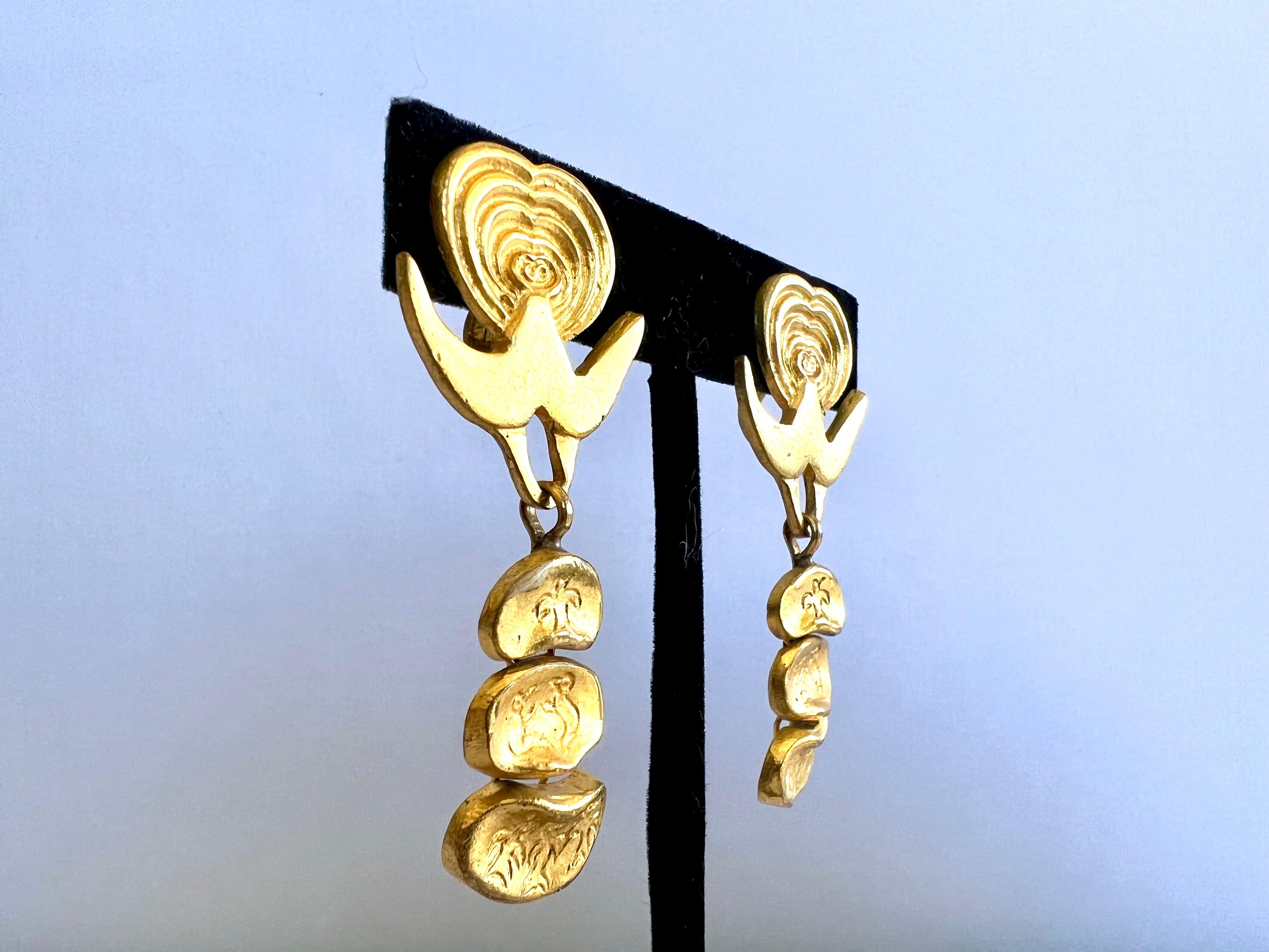 Line Vautrin Stylized heart and Dove Earrings  In Excellent Condition For Sale In Palm Springs, CA
