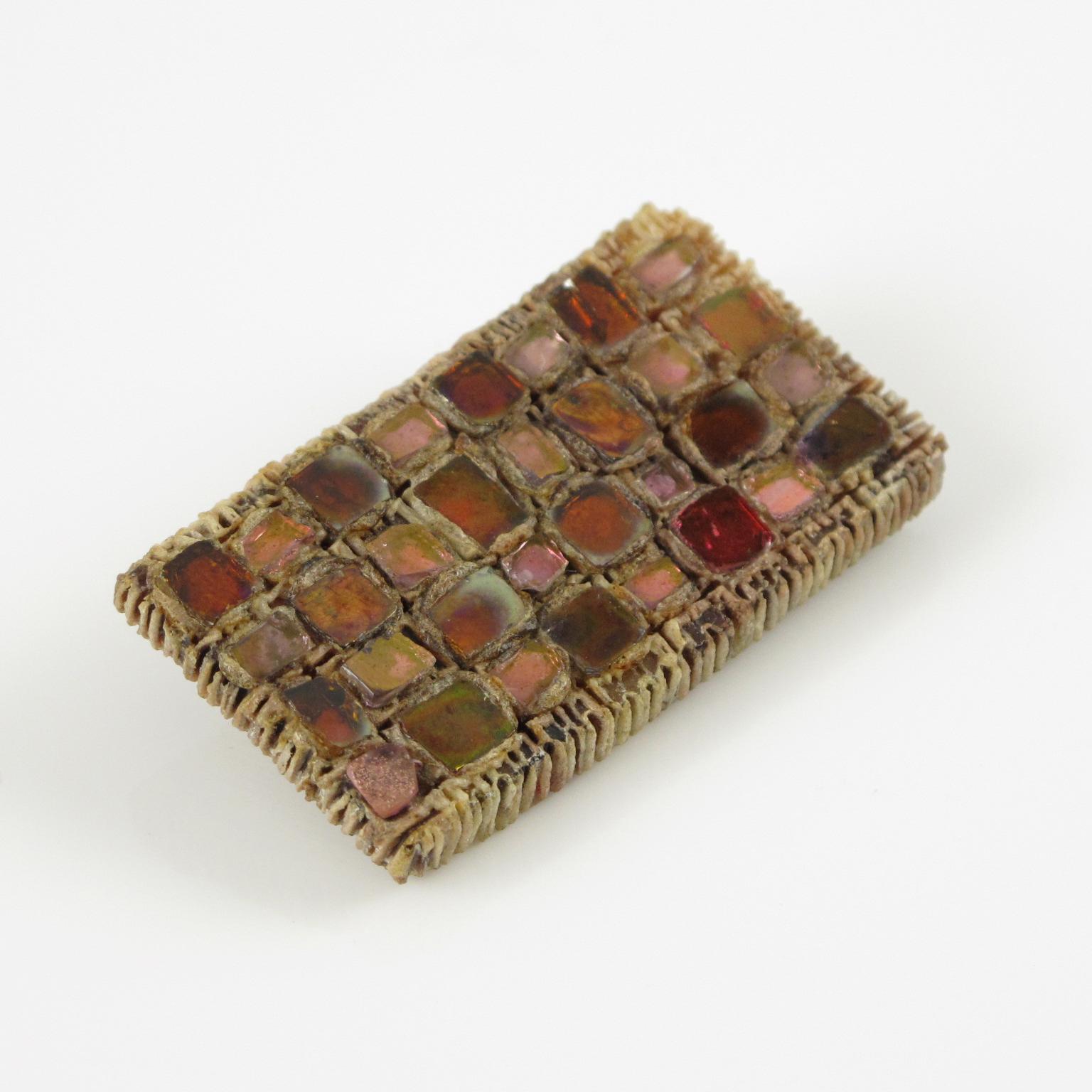 Moderniste Broche Line Vautrin Talosel et miroirs en mosaïque rose en vente