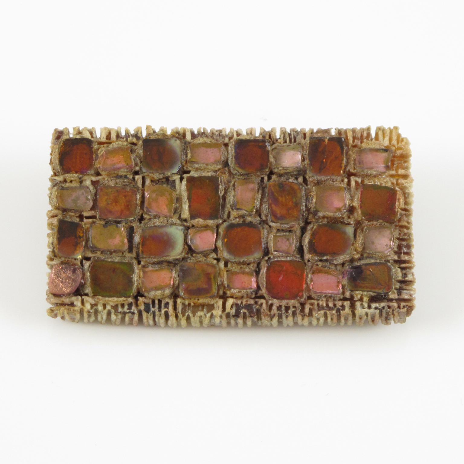 Broche Line Vautrin Talosel et miroirs en mosaïque rose Bon état - En vente à Atlanta, GA