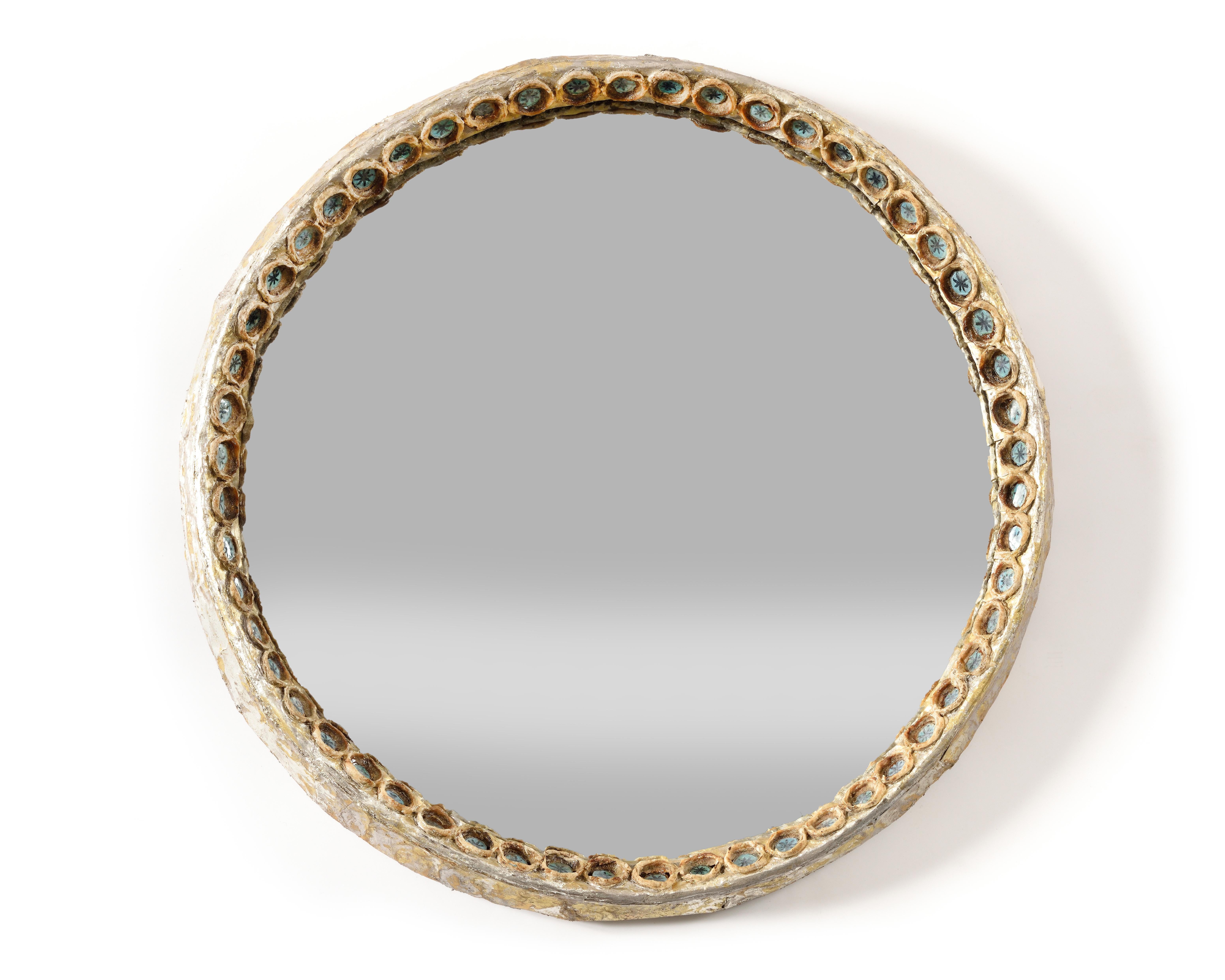 Circular mirror, made with ocher talosel resin and blue 