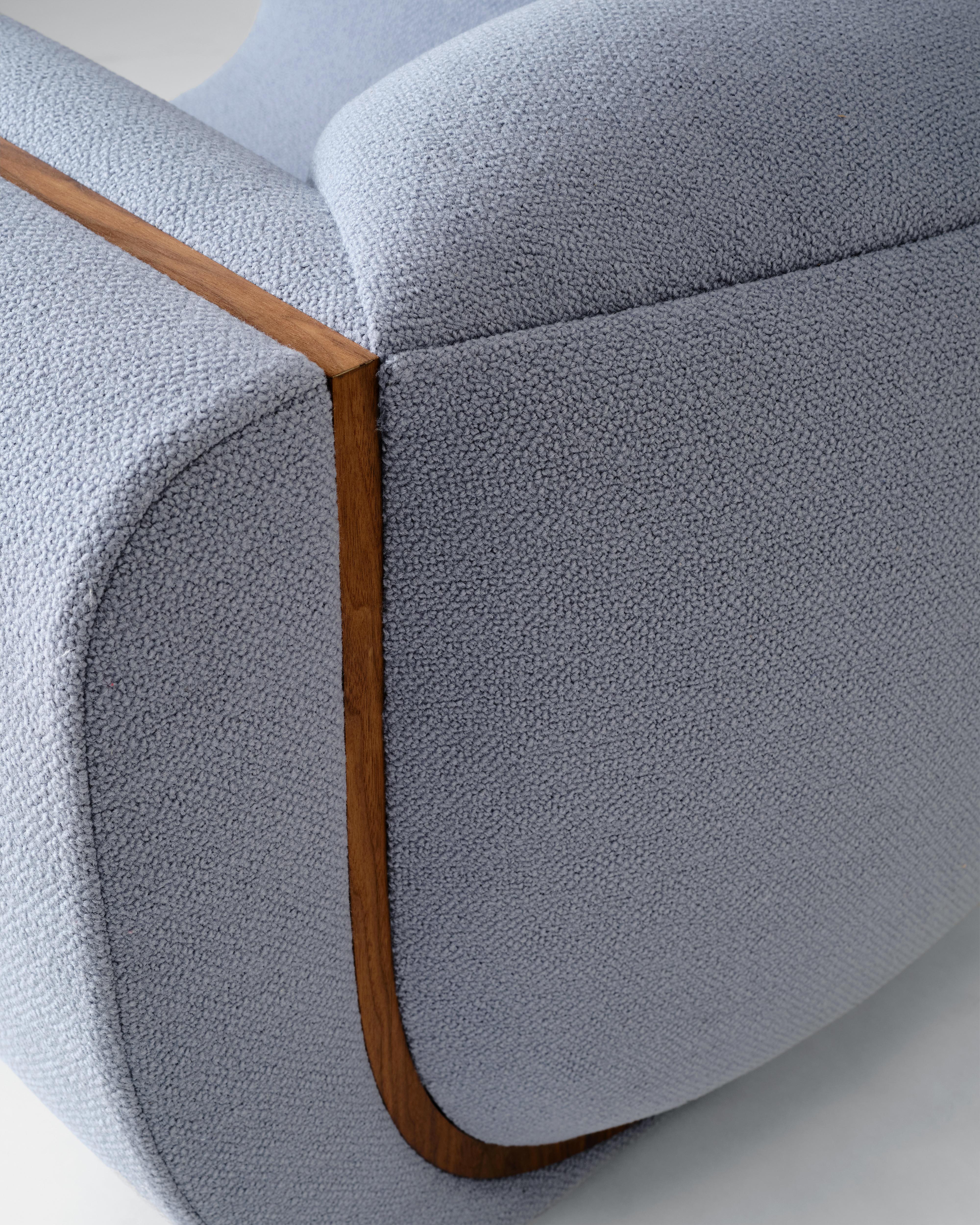 Fabric Linea Armchair, COM upholstered with walnut detail, by Estudio Persona For Sale