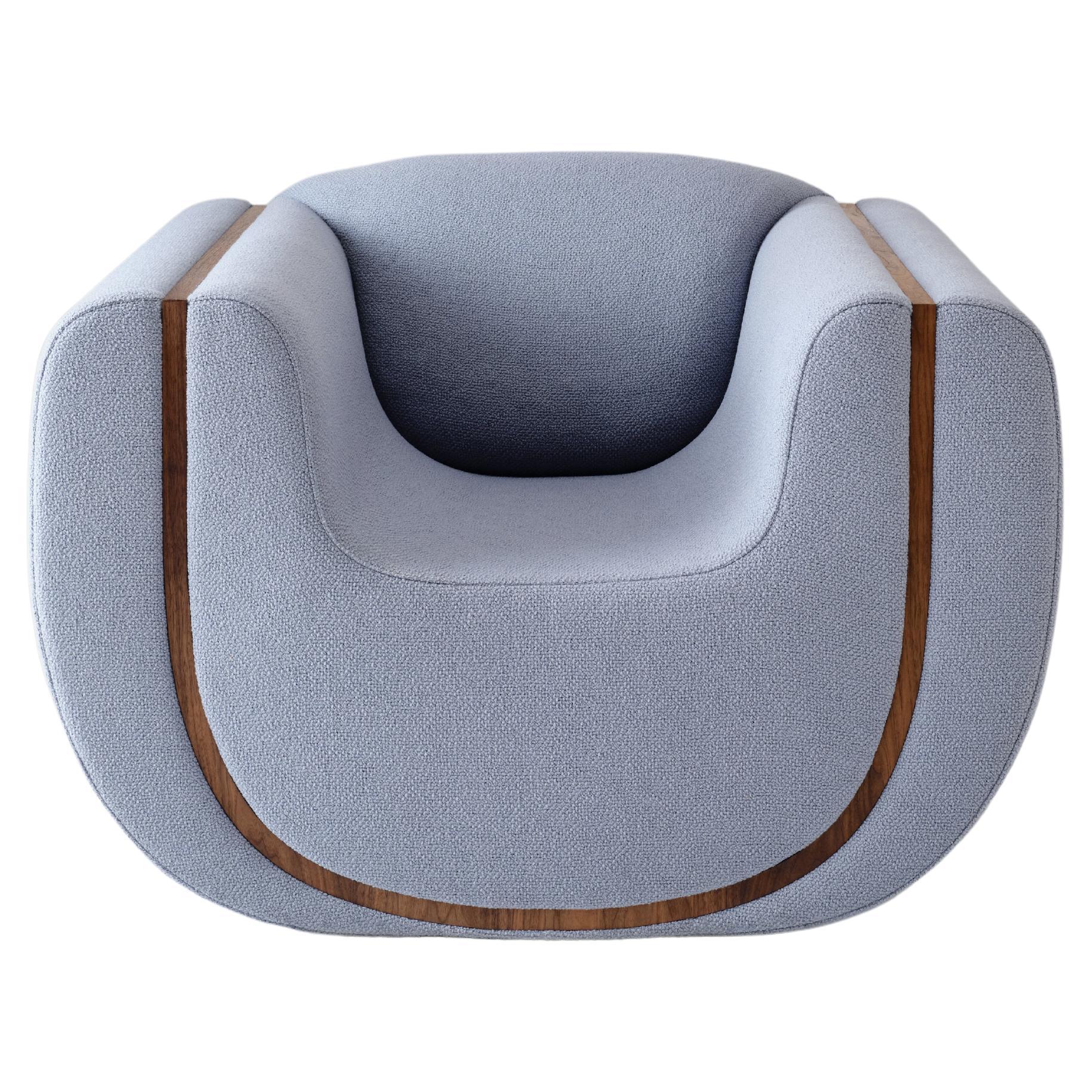 Linea Armchair, COM upholstered with walnut detail, by Estudio Persona For Sale