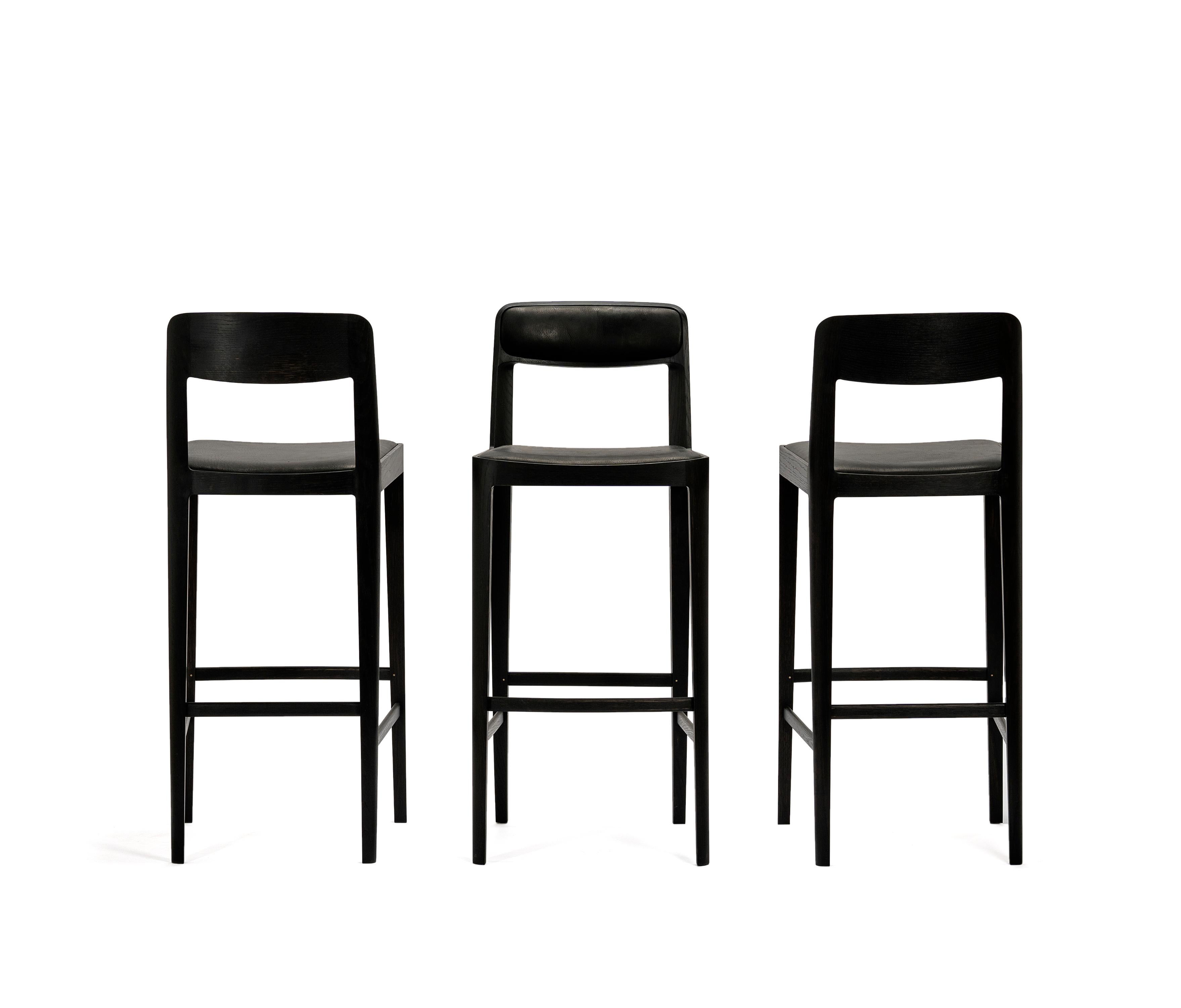 Linea Barstool, Blackened Oak with Upholstered Seat and Backrest in Leather For Sale 1