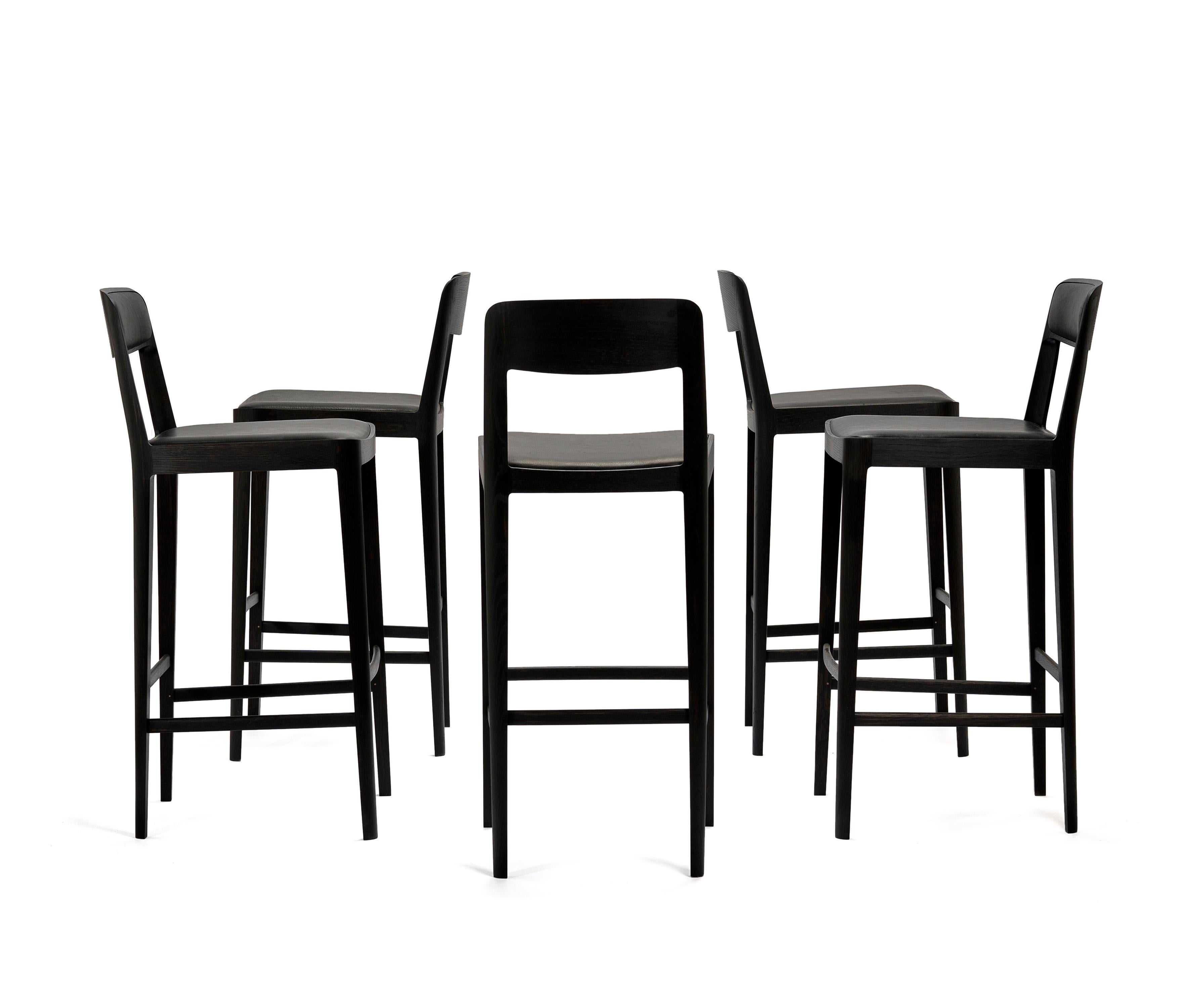Linea Barstool, Blackened Oak with Upholstered Seat and Backrest in Leather For Sale 2
