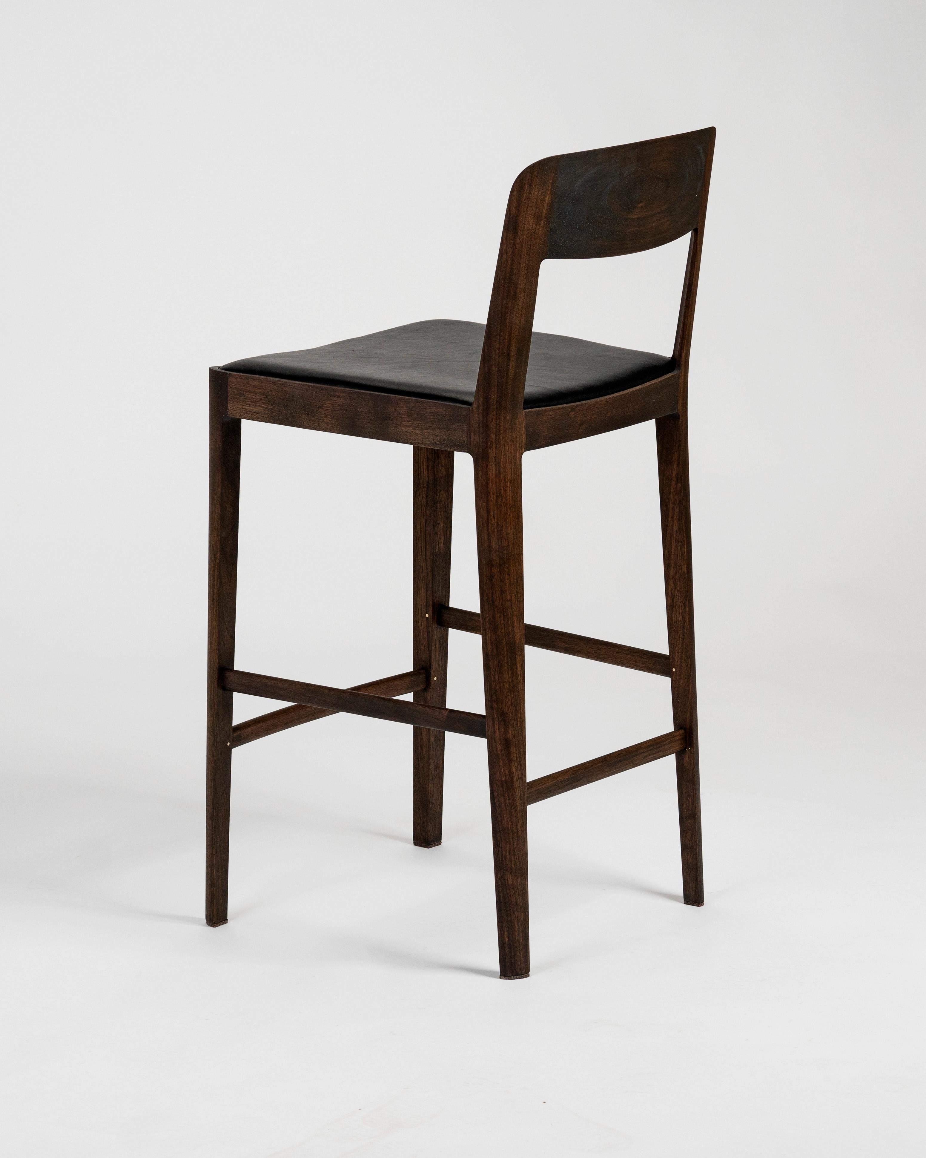 Contemporary Linea Barstool, Walnut with Leather Upholstered Seat and Backrest For Sale