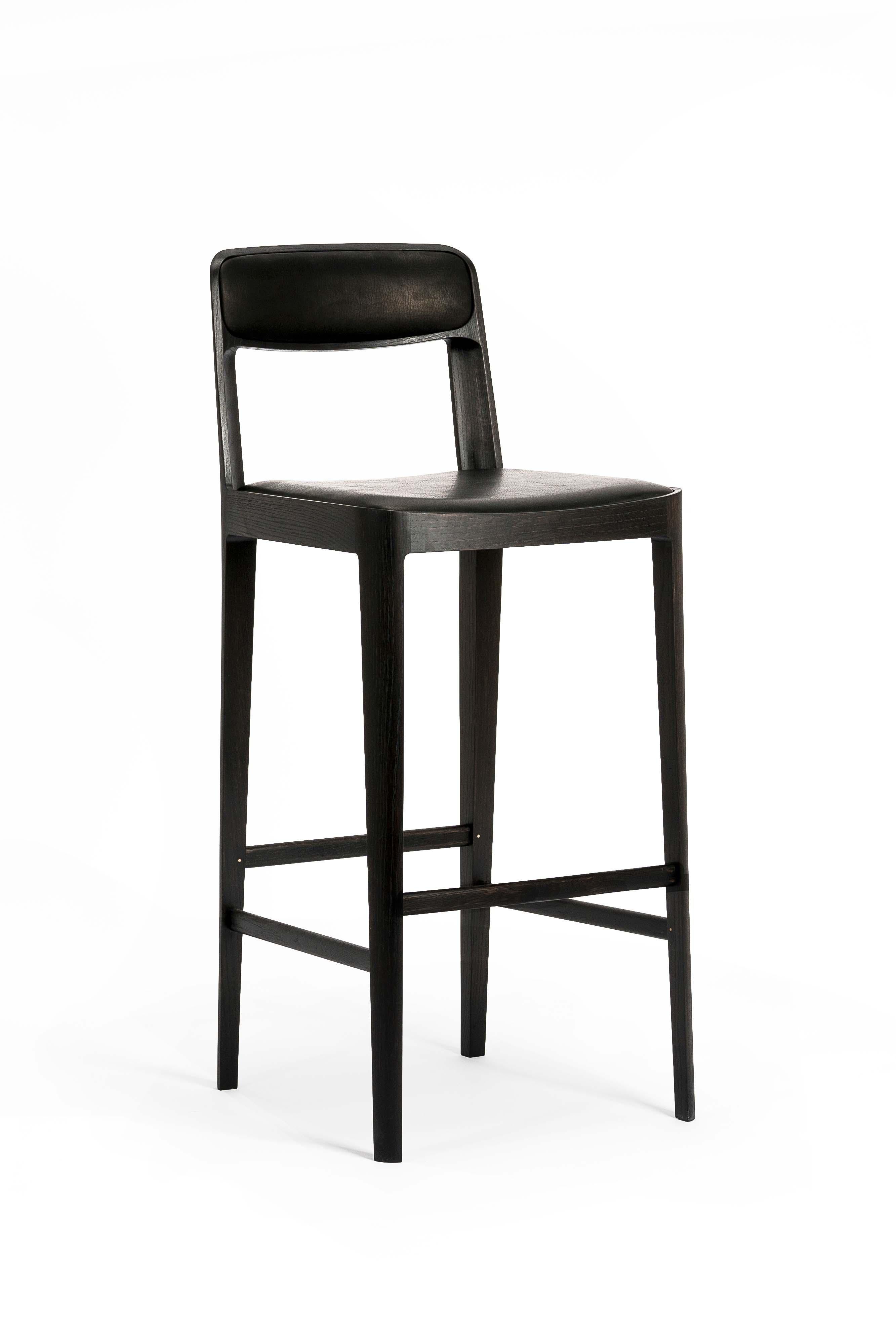 Linea Barstool, Walnut with Upholstered Seat and Backrest in Leather (Black) For Sale 1