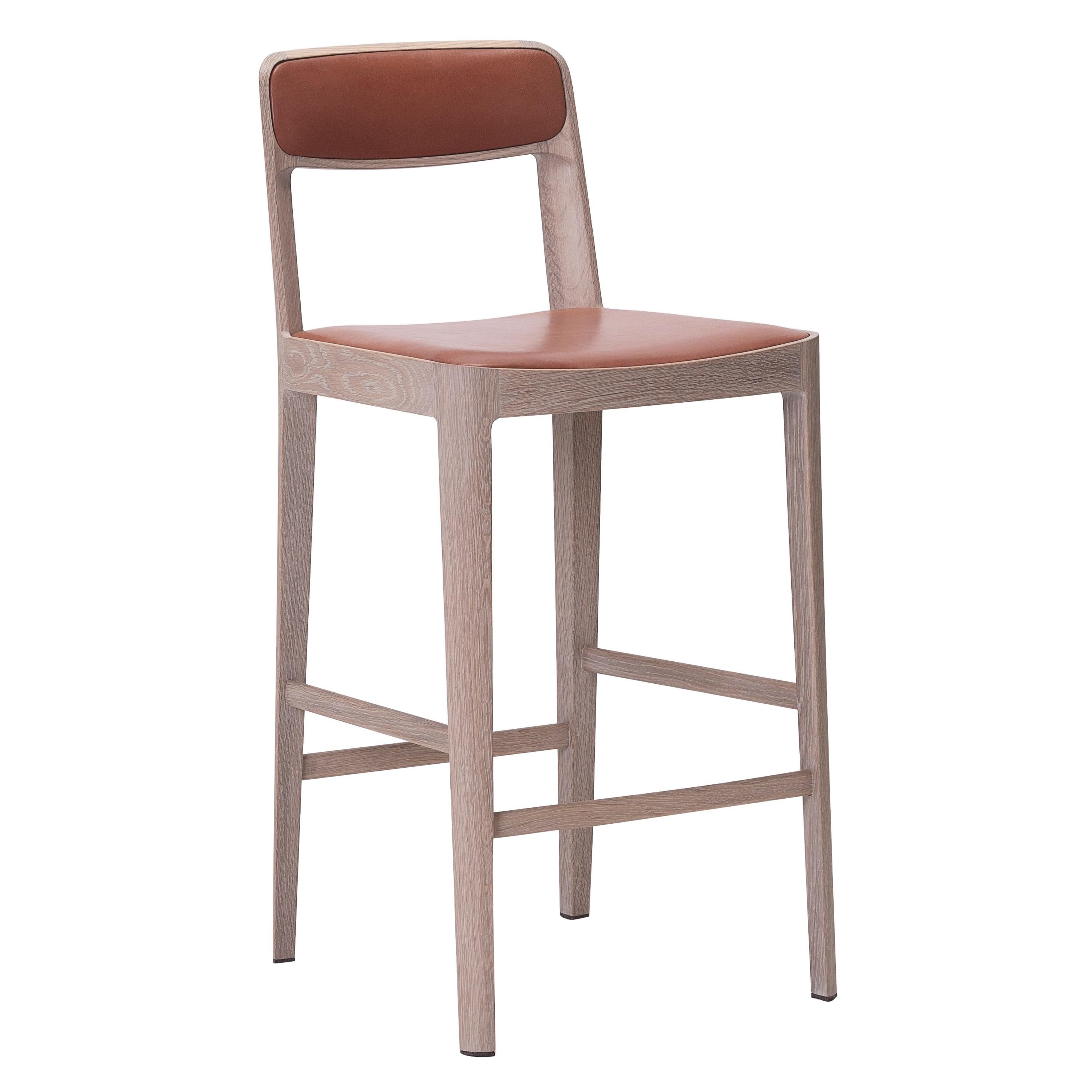 Linea Barstool, White Oak with Upholstered Seat and Backrest in Leather (Russet)