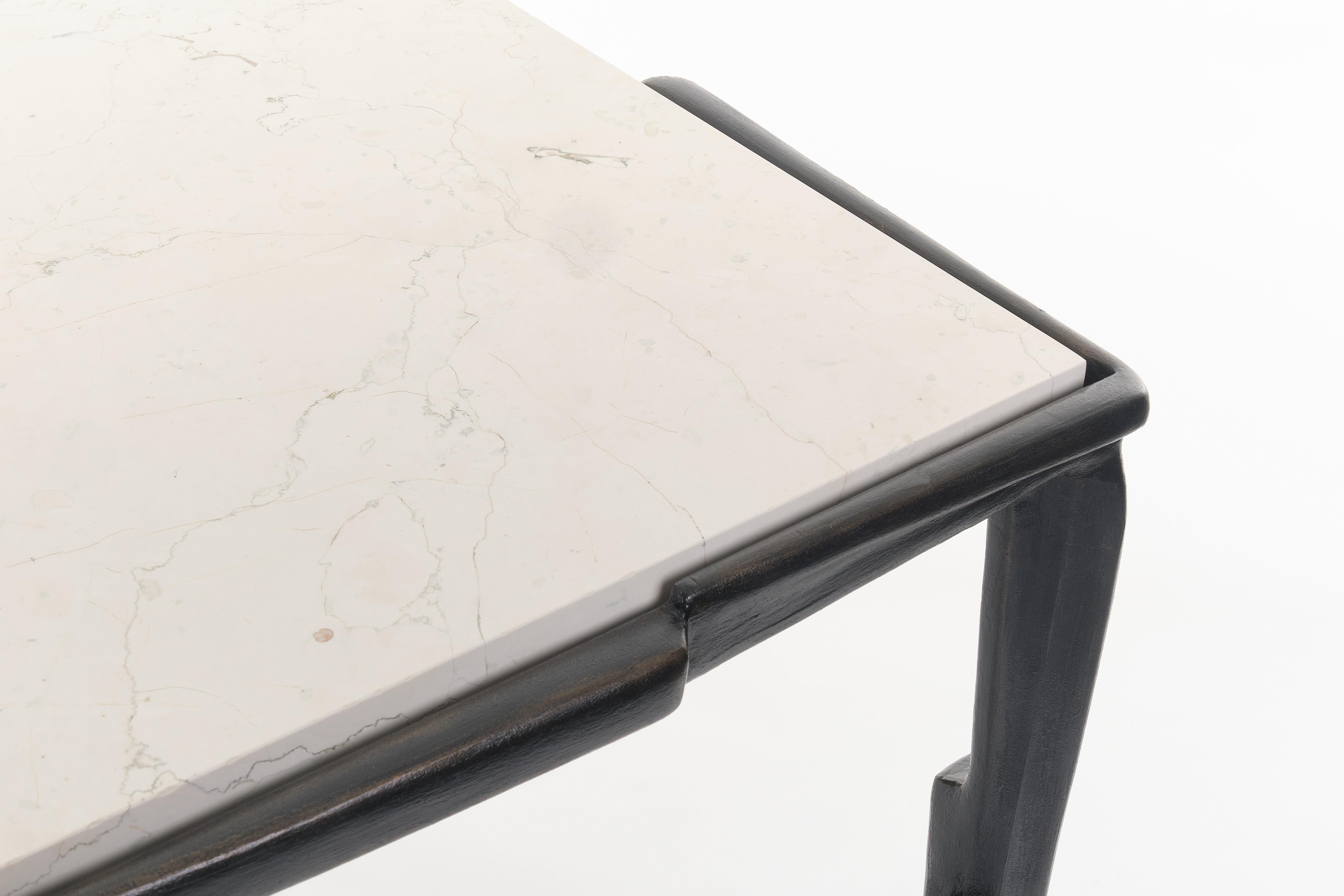 Contemporary Linea Console Table in Bronze Plaster Finish with Travertine Top, Custom For Sale