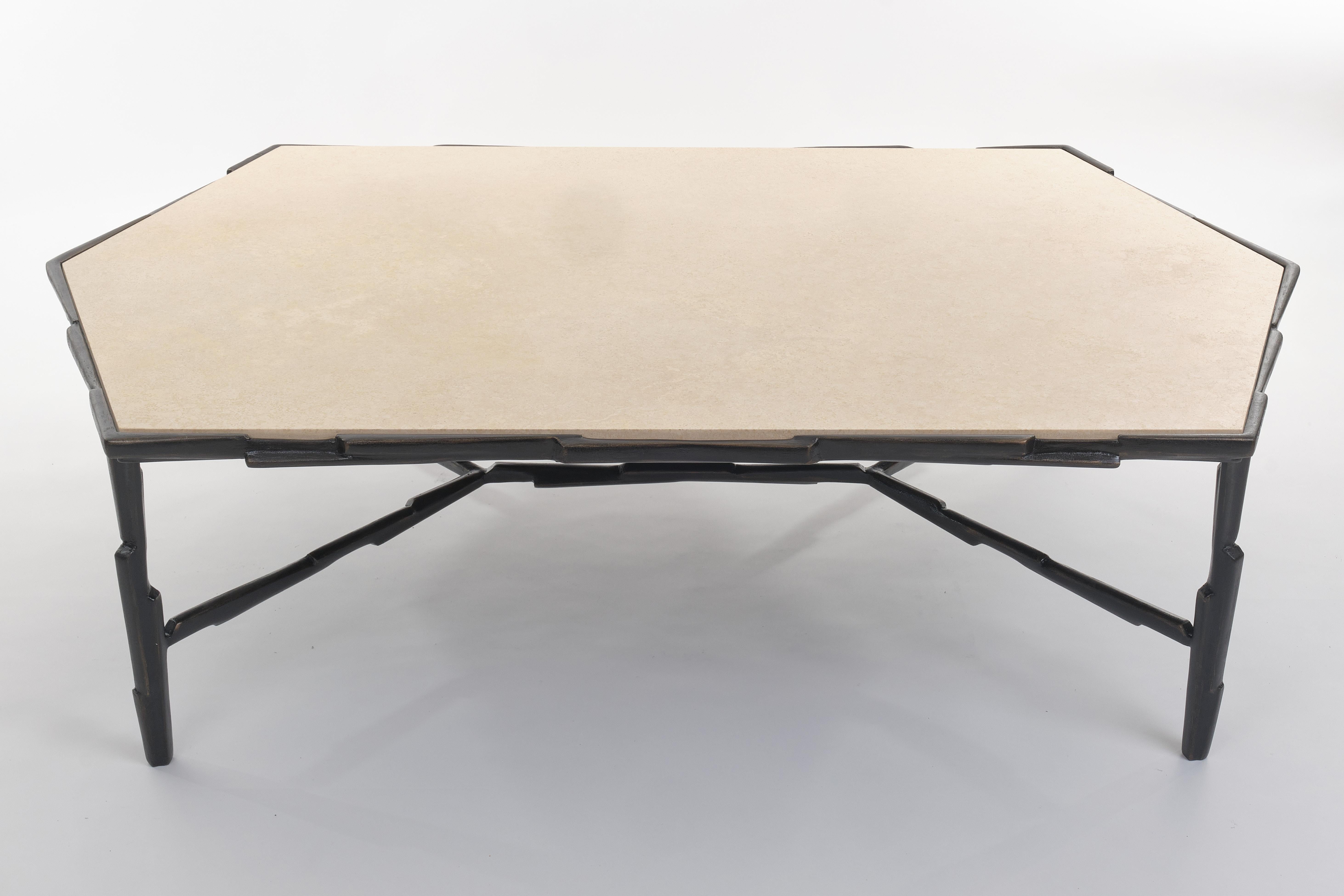 The LINEA coffee table has a strong and dynamic silhouette based on the figure of the triangle. Fragments of metal, shaped and assembled in line with a secret sense of order. The metal armature is reinforced with plaster bandages for durability