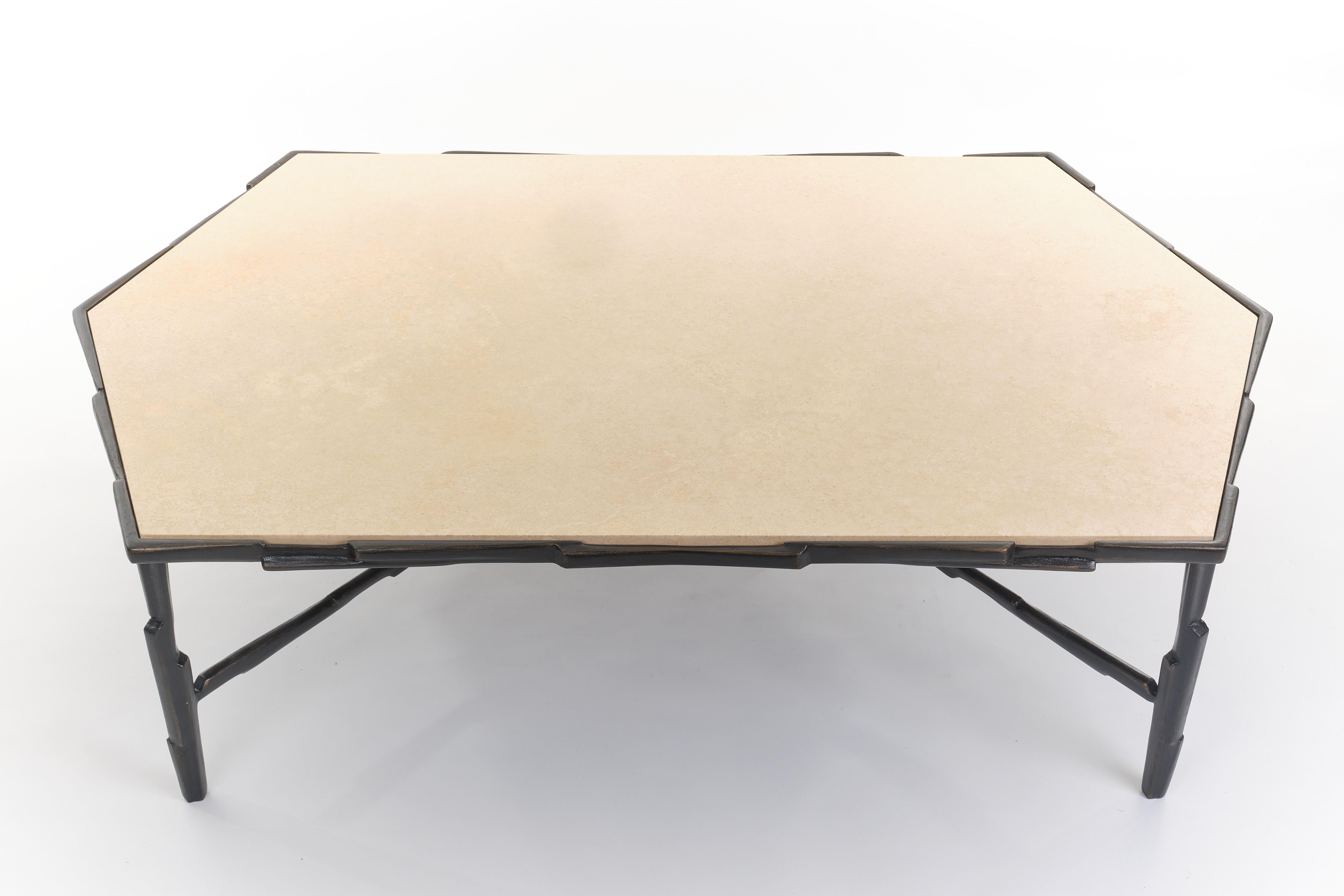 Art Deco Handcrafted Linea No.2 Coffee Table in Bronze Plaster Finish with Travertine Top For Sale