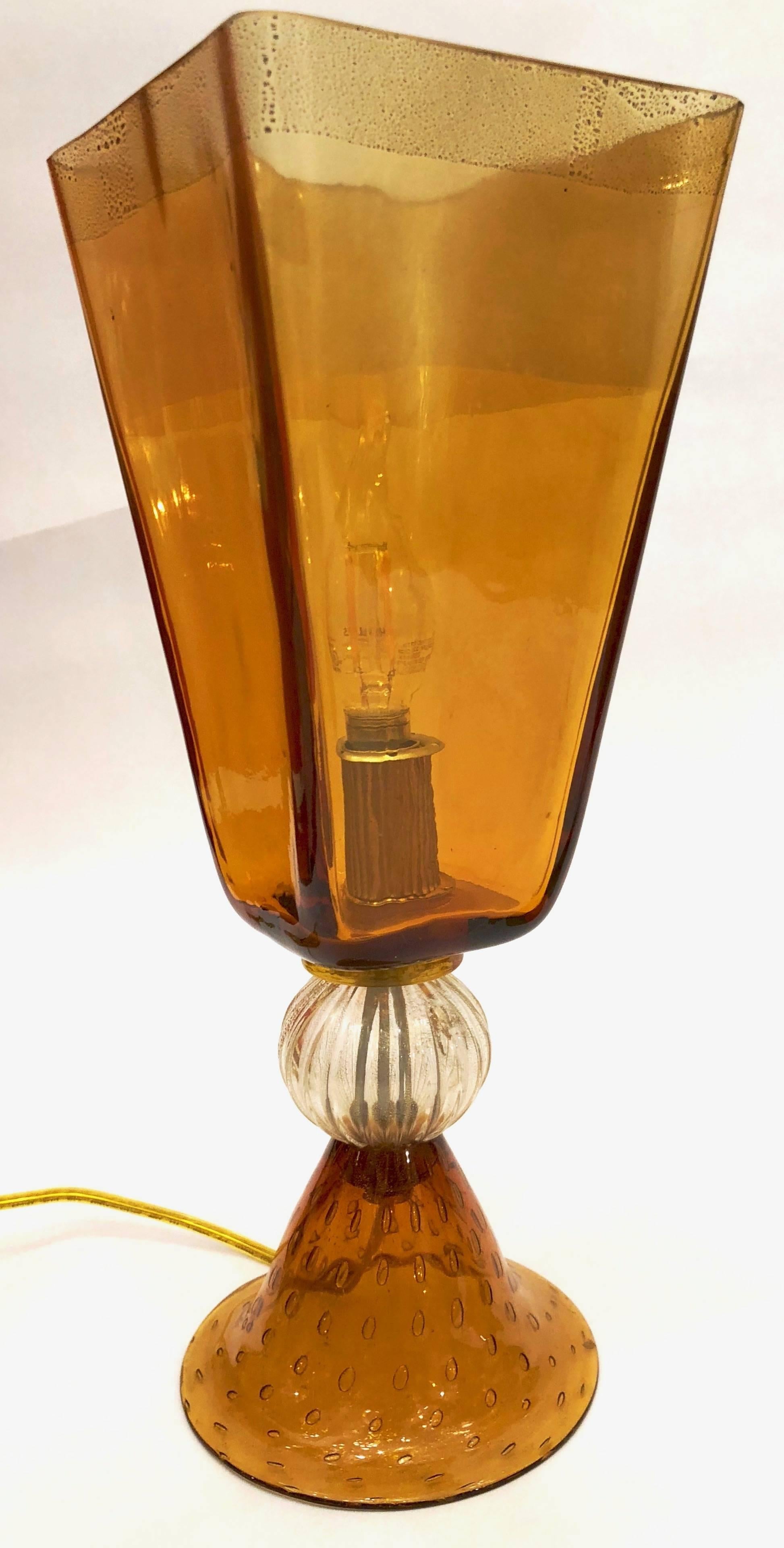 Linea Padovan 1970s Vintage Pair of Amber Gold and Crystal Murano Glass Lamps 5