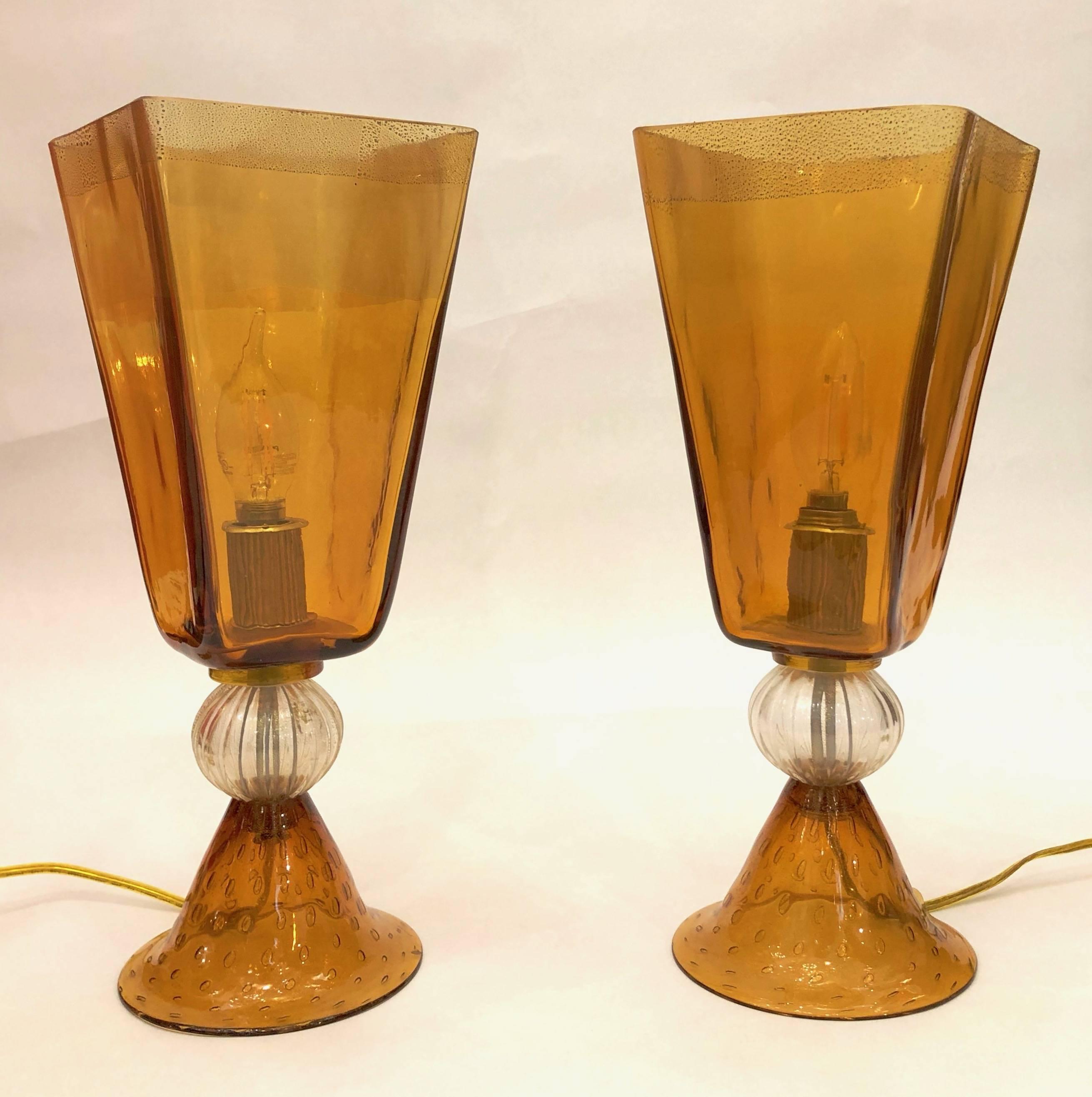 Linea Padovan 1970s Vintage Pair of Amber Gold and Crystal Murano Glass Lamps 8