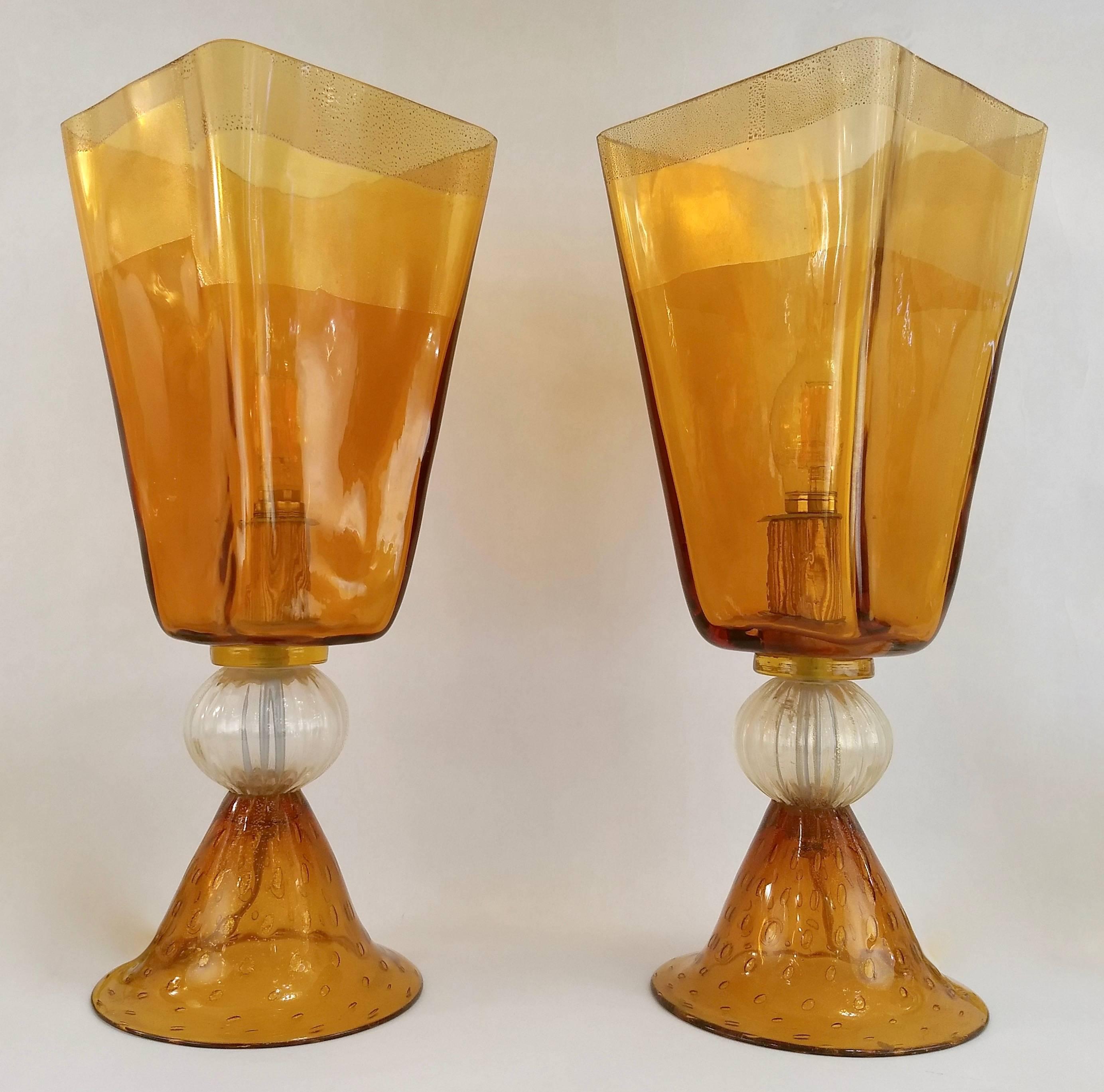 Linea Padovan 1970s Vintage Pair of Amber Gold and Crystal Murano Glass Lamps 9
