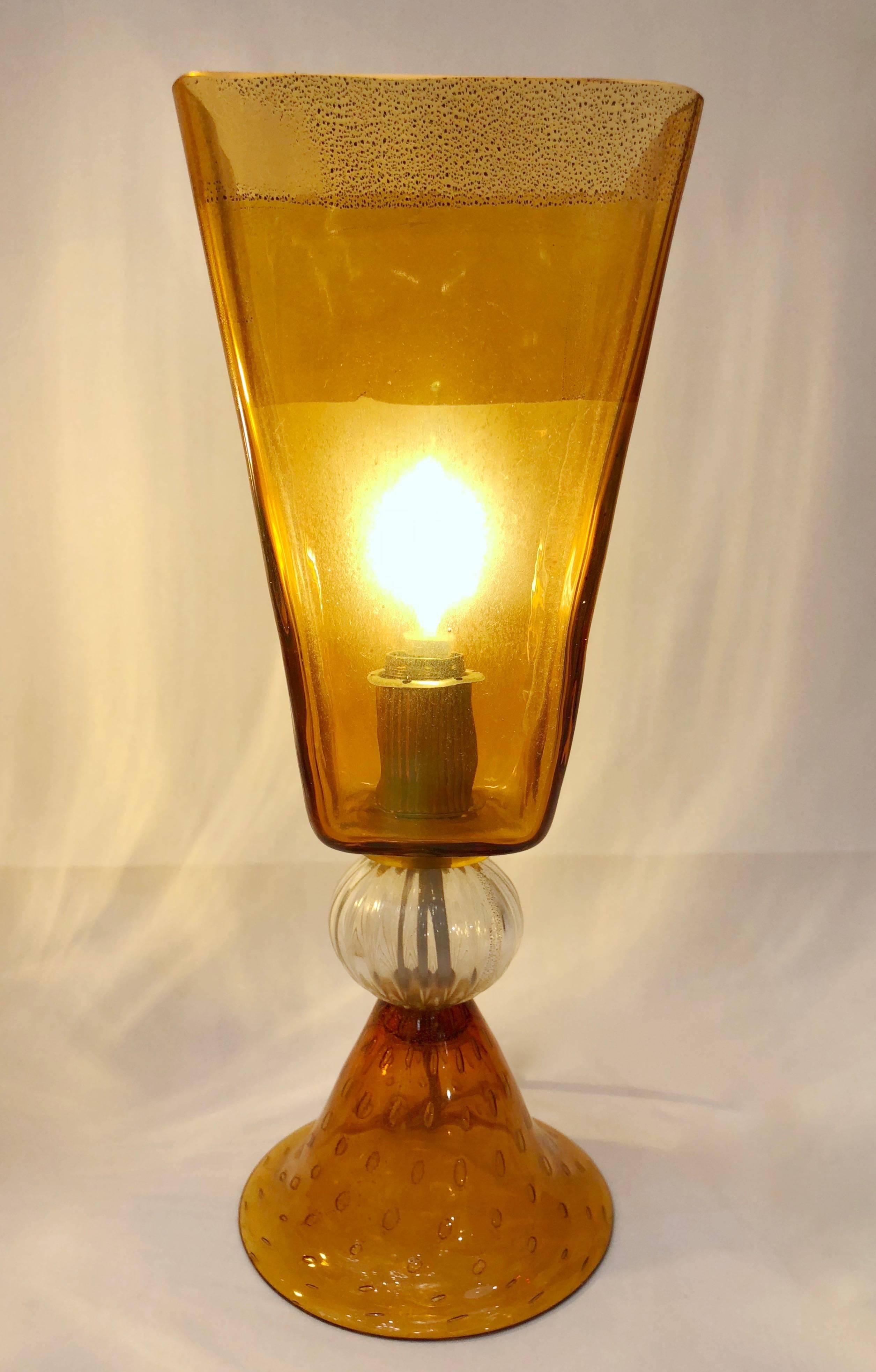 Linea Padovan 1970s Vintage Pair of Amber Gold and Crystal Murano Glass Lamps 3