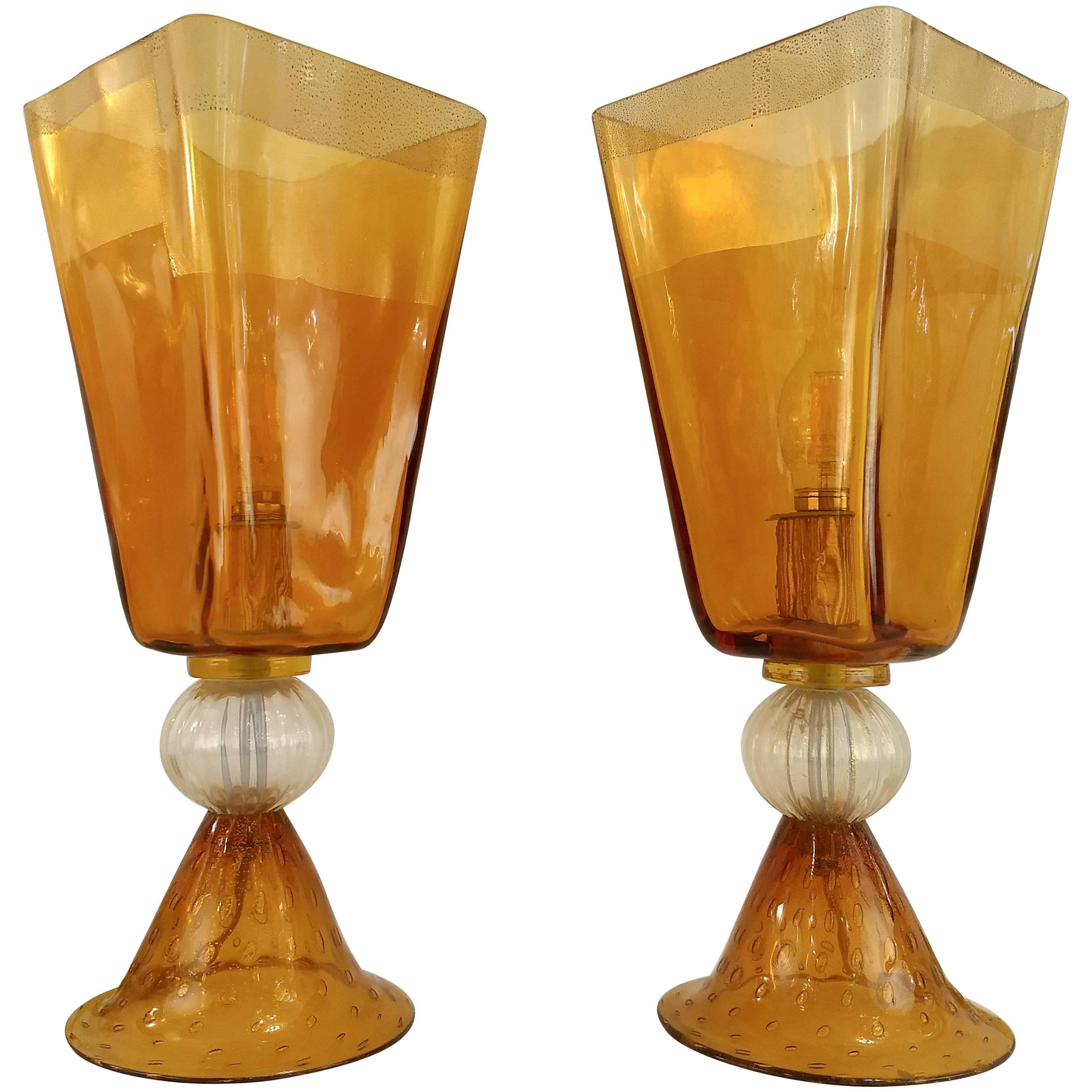 Linea Padovan 1970s Vintage Pair of Amber Gold and Crystal Murano Glass Lamps