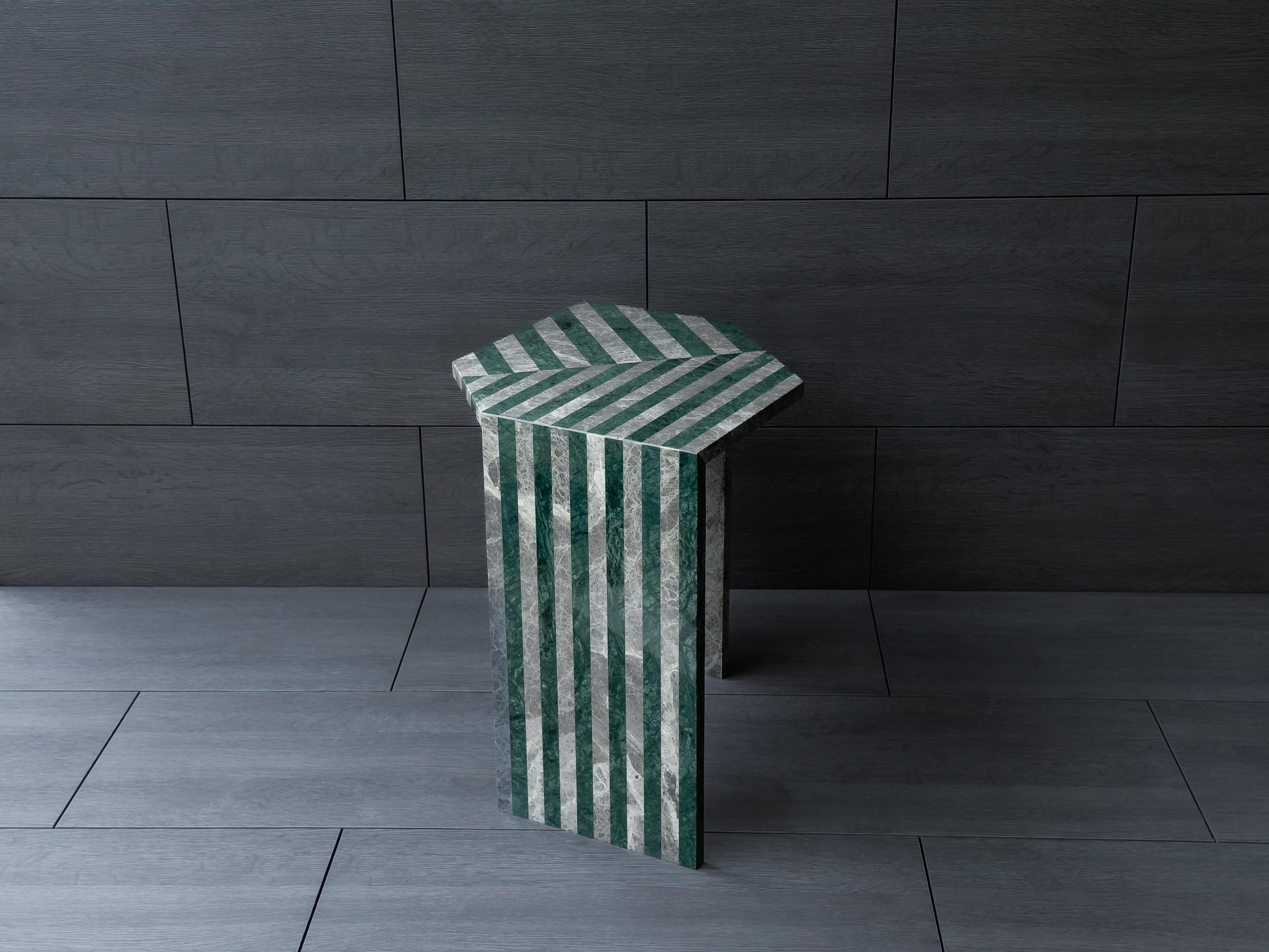 Polished LINEA Side Table in Green & Grey Marble by Meble Matters For Sale