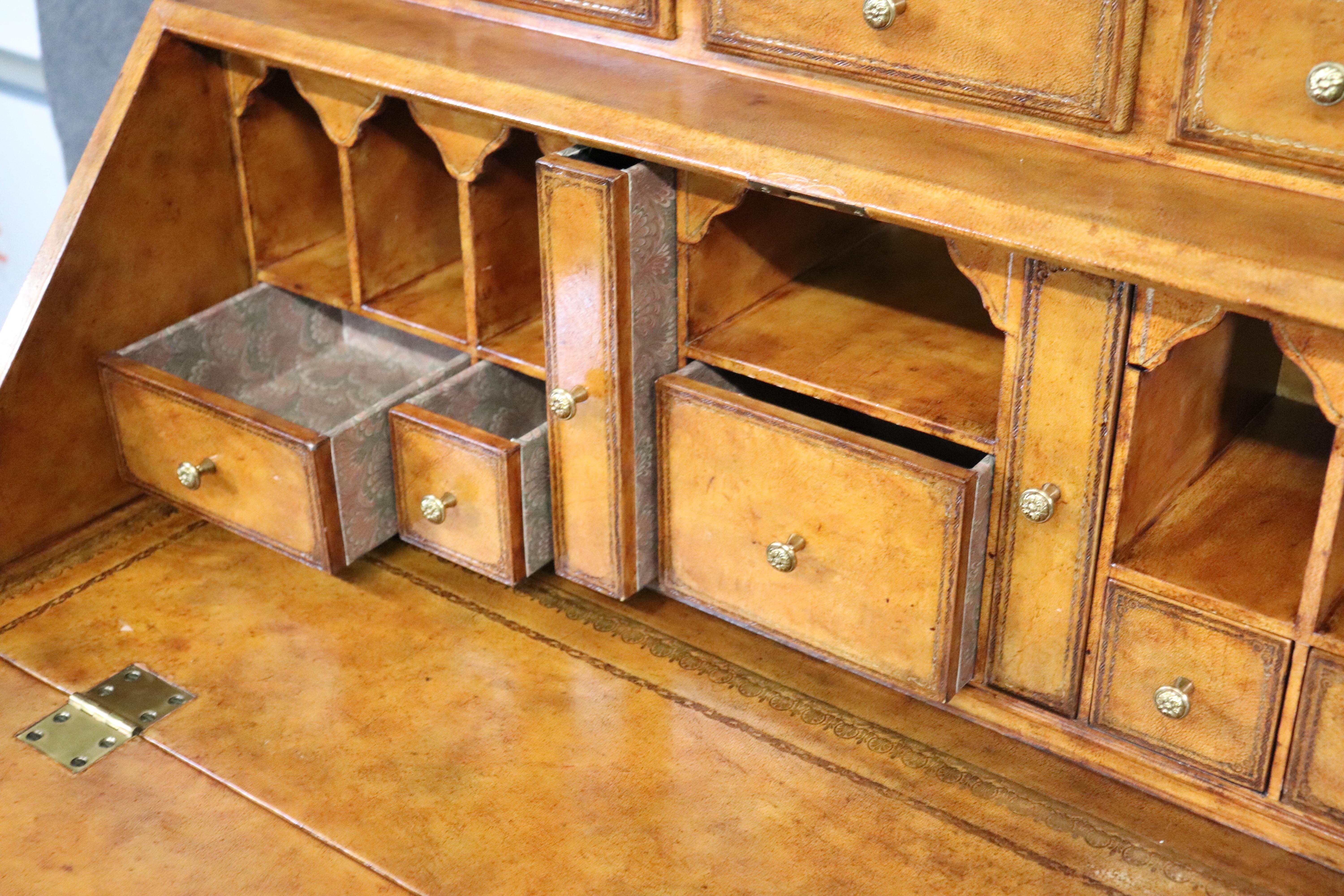 Lineage Embossed Gold Tooled Leather Wrapped Secretary Desk with Mirror 3