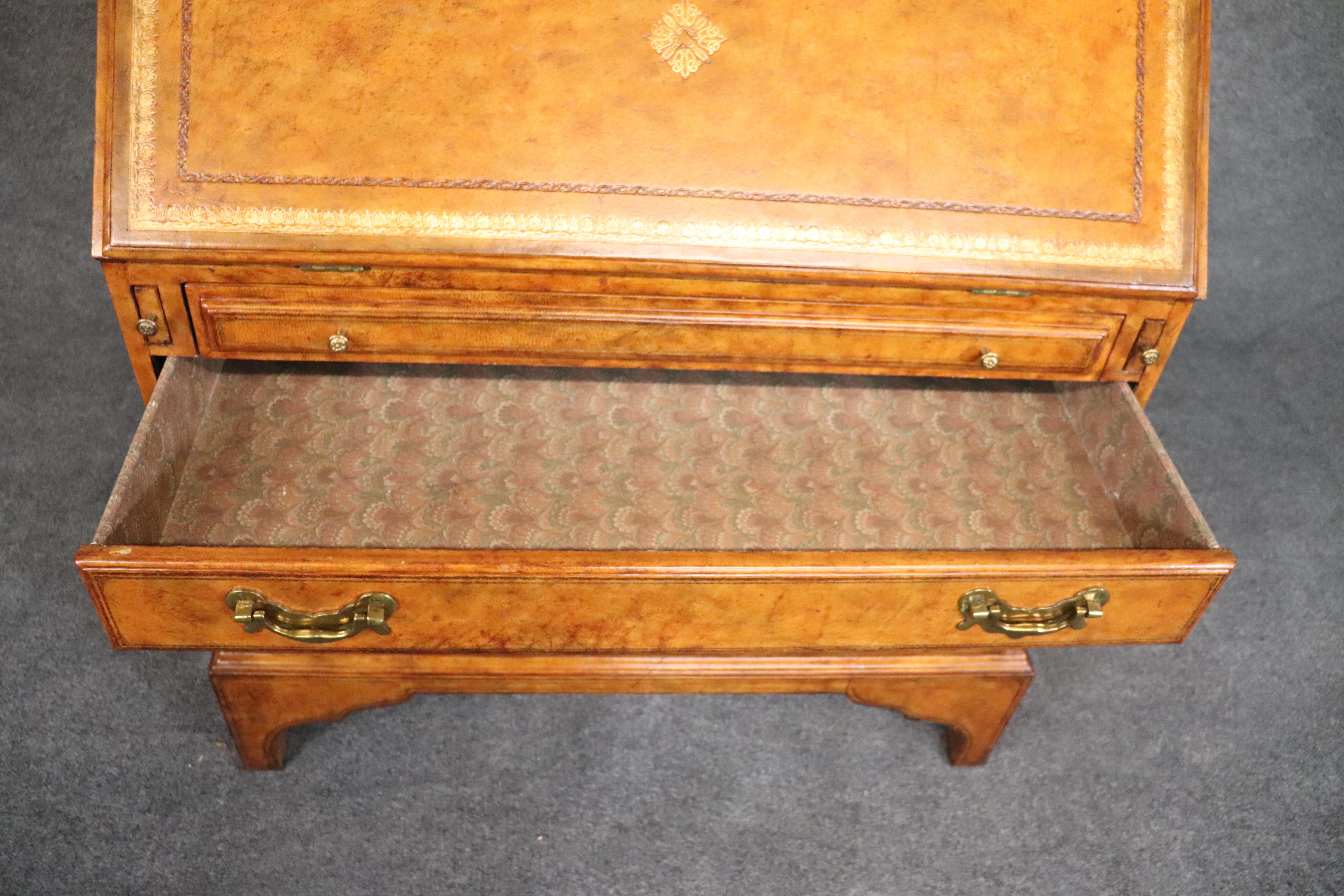 Italian Lineage Embossed Gold Tooled Leather Wrapped Secretary Desk with Mirror