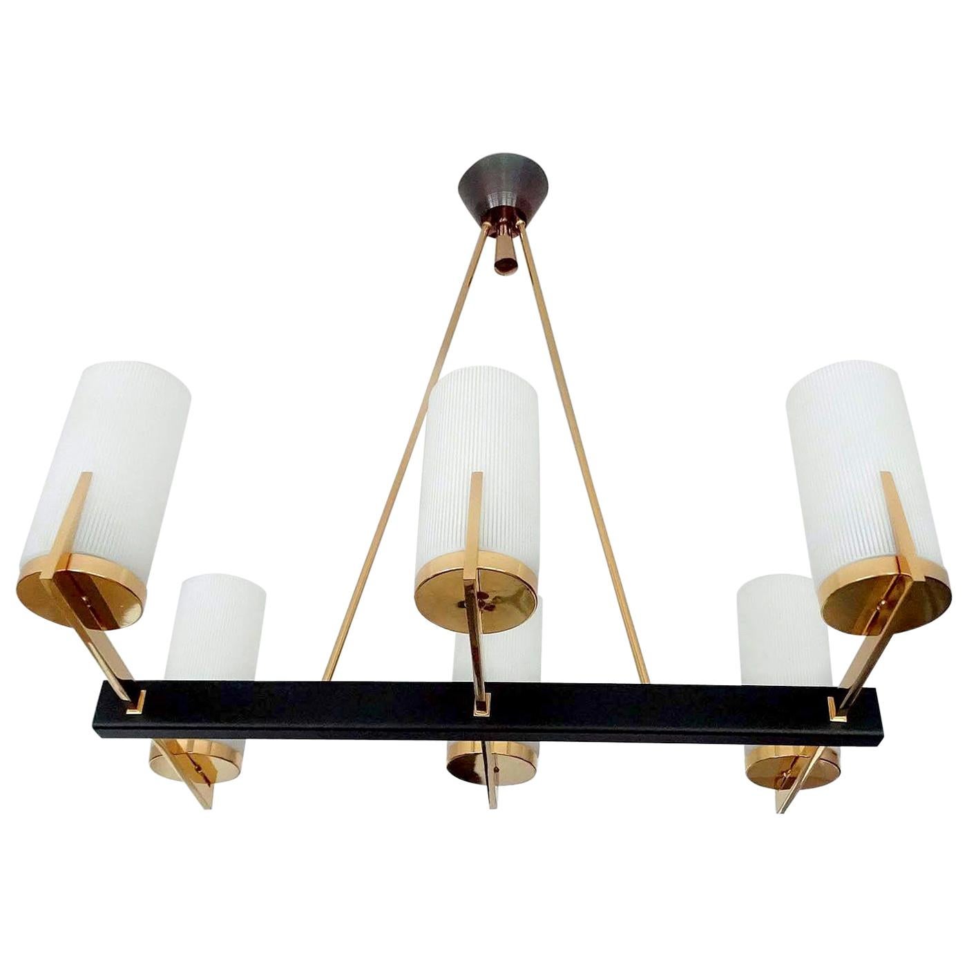  French Mid Century  Pendant Light, Arlus, Brass Glass, Stilnovo Style, 60s For Sale